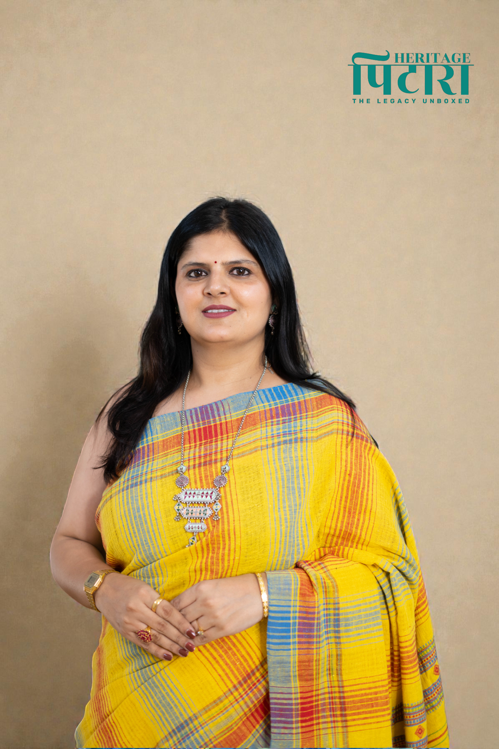 Handwoven Yellow Kala Cotton Saree with Multicolor Checks