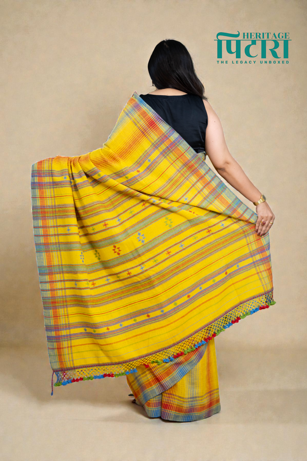Handwoven Yellow Kala Cotton Saree with Multicolor Checks