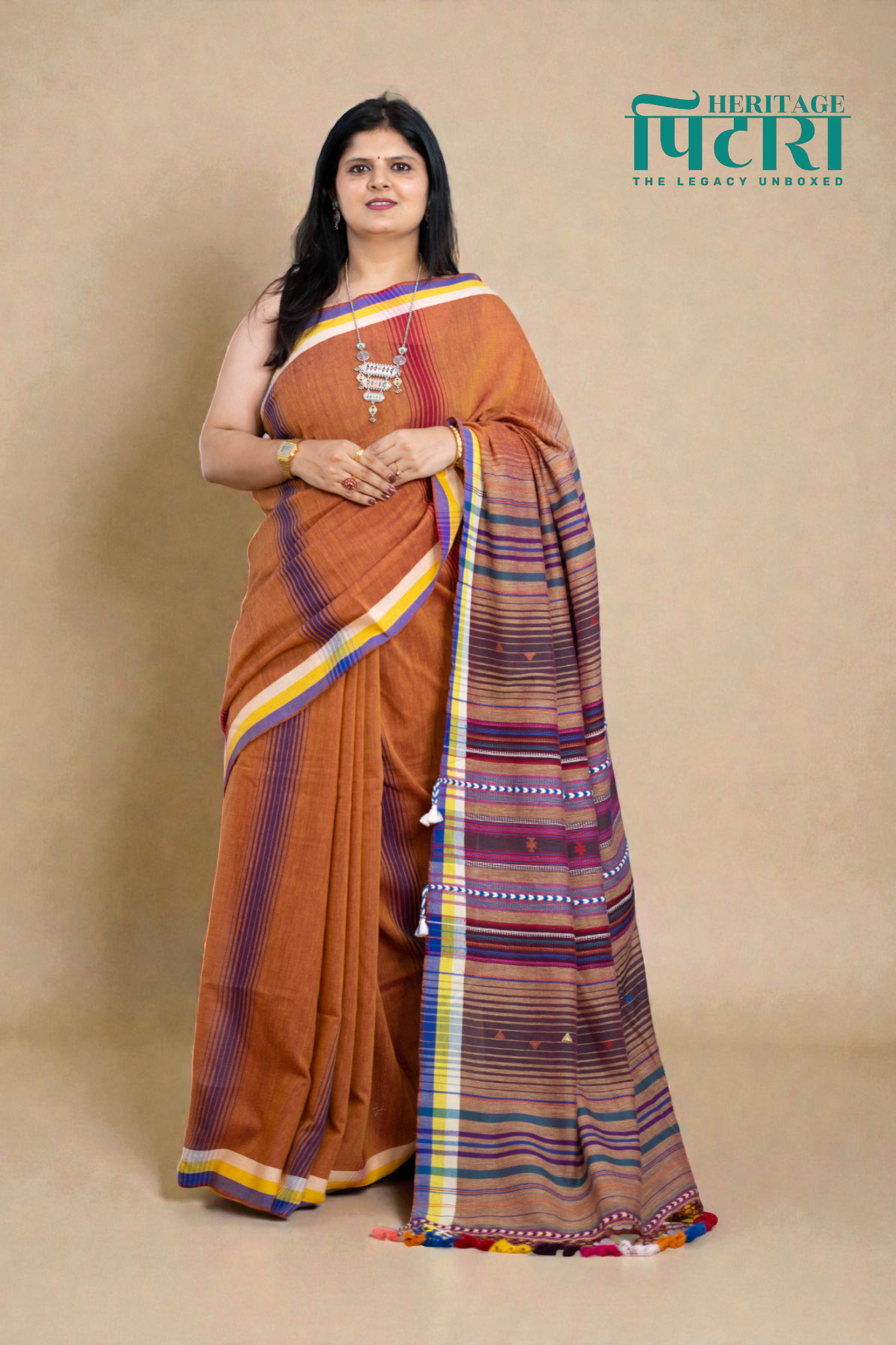 Handwoven Kala Cotton Saree in Rustic Brown