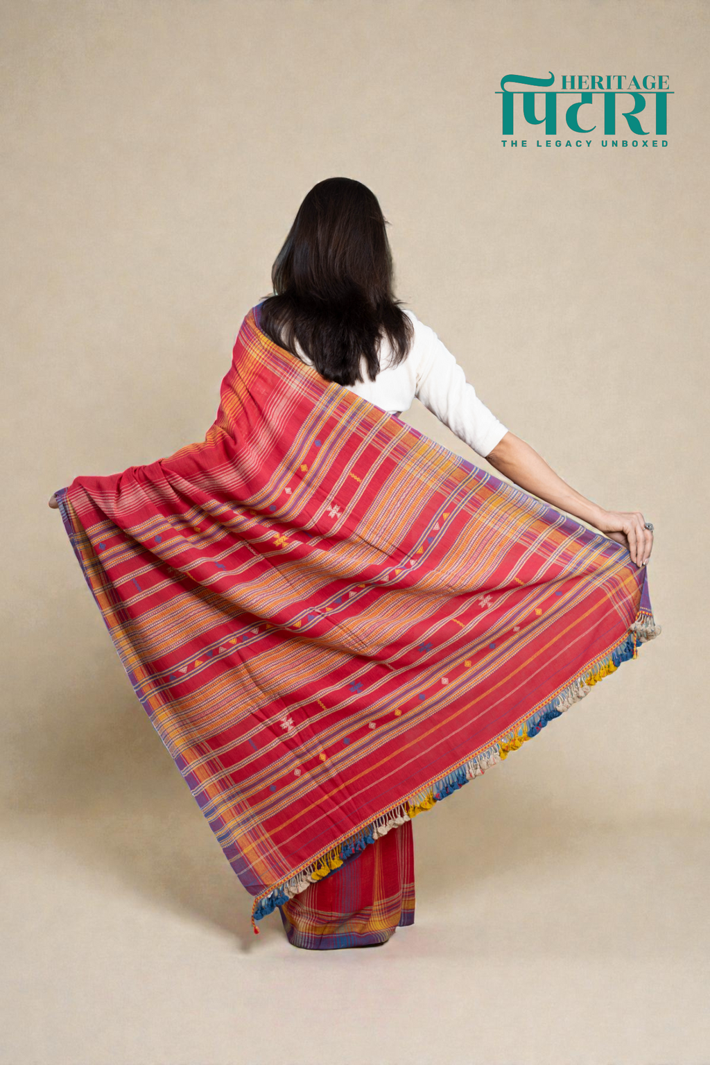 Handwoven Kala Cotton Saree – Red with Multicolor Checks