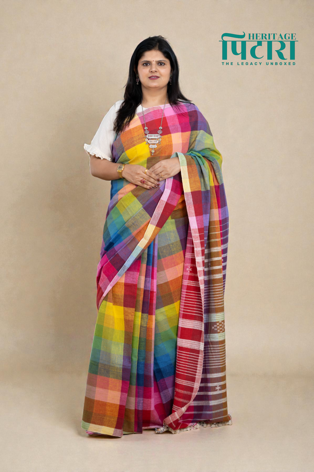 Handwoven Multicolor Checkered Kala Cotton Saree