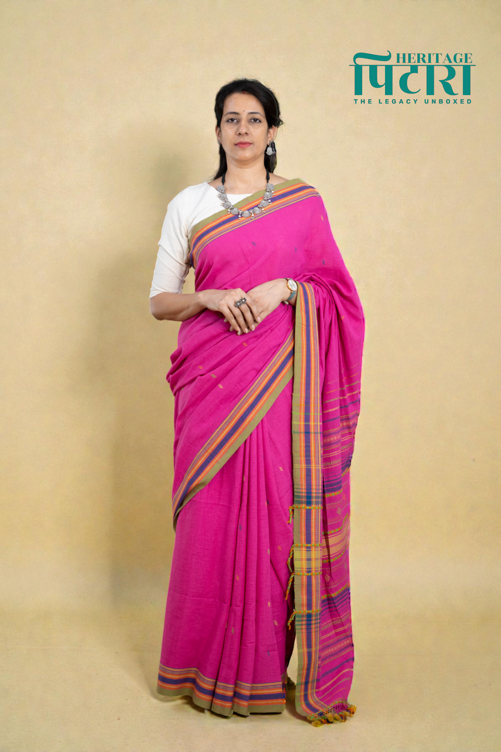 Handwoven Cotton Saree – Rani Pink with Striped Pallu
