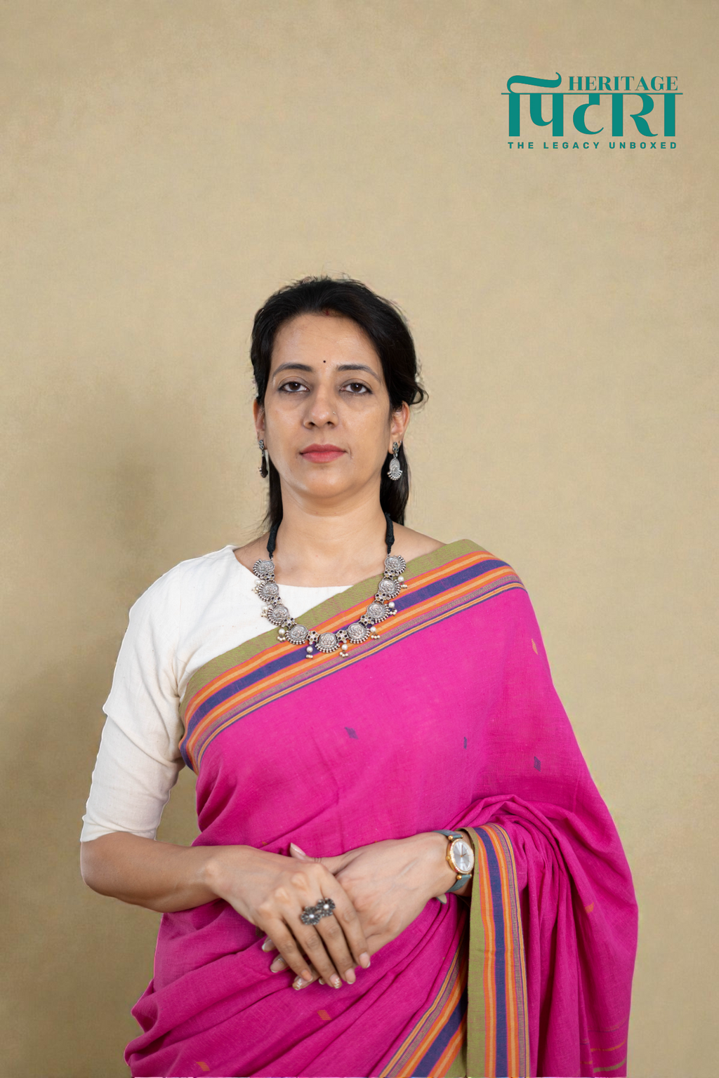 Handwoven Cotton Saree – Rani Pink with Striped Pallu