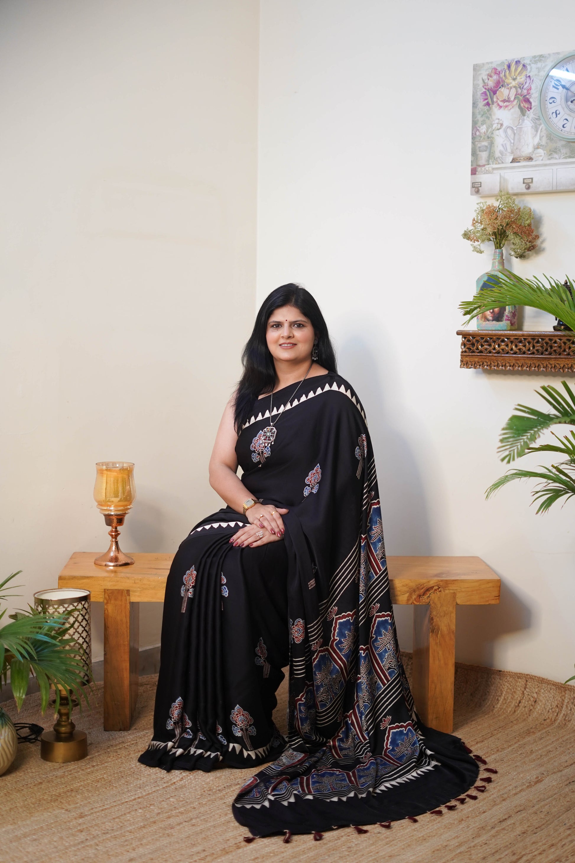 Black Printed Modal Silk Saree with Blue & Maroon Motifs and Tassel Pallu