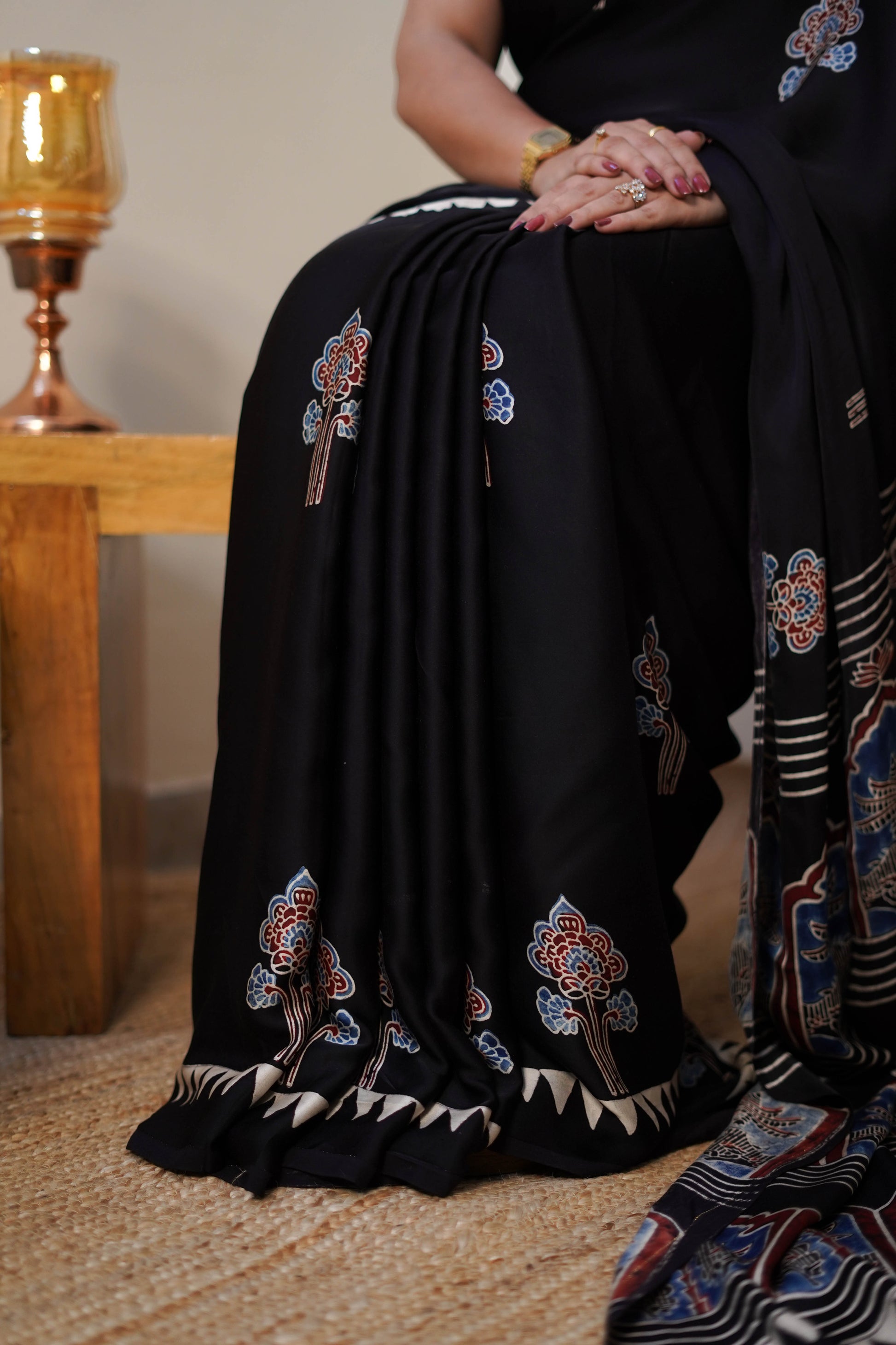 Black Printed Modal Silk Saree with Blue & Maroon Motifs and Tassel Pallu