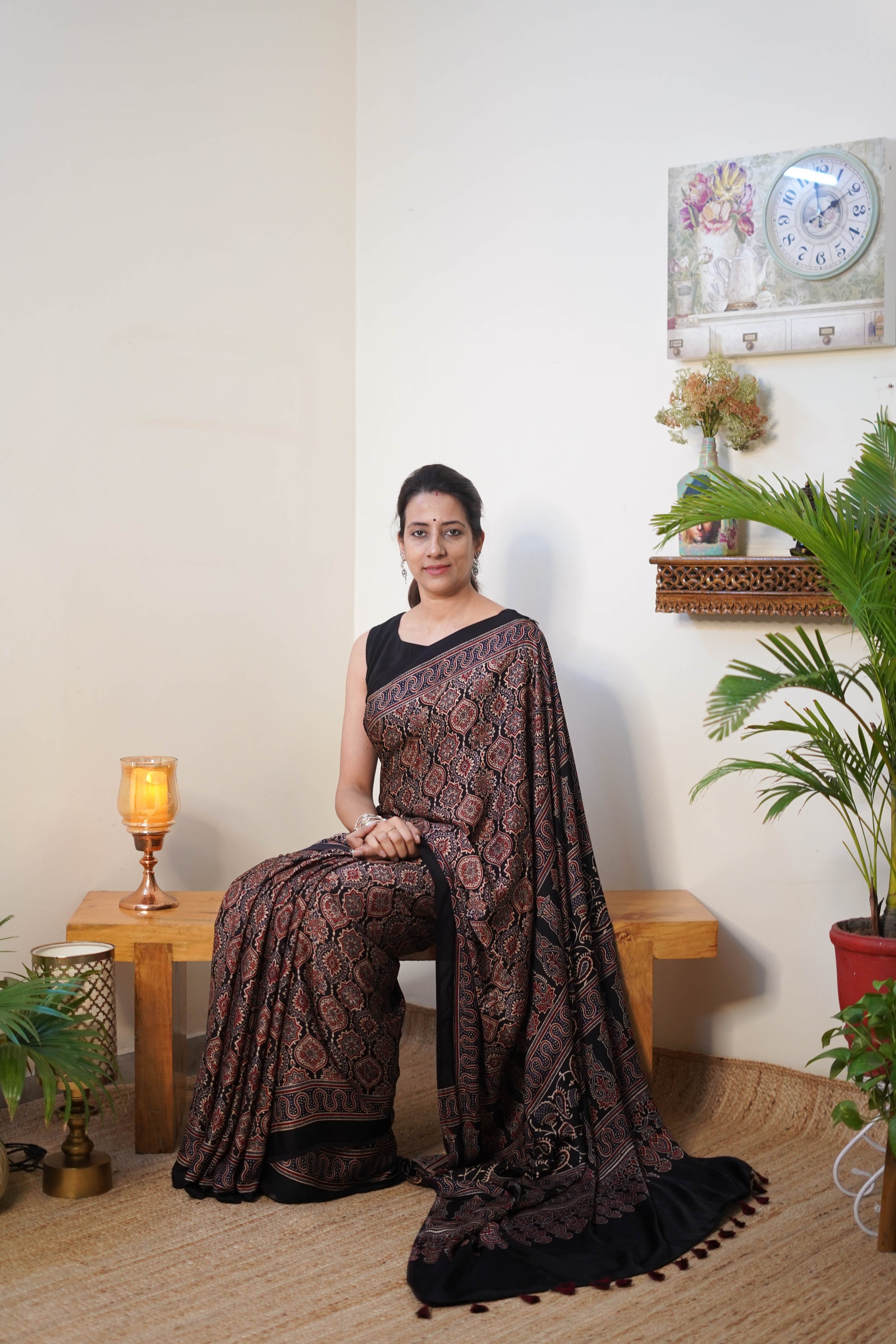 Black Printed Modal Silk Saree with All-Over Ethnic Motifs and Contrast Border