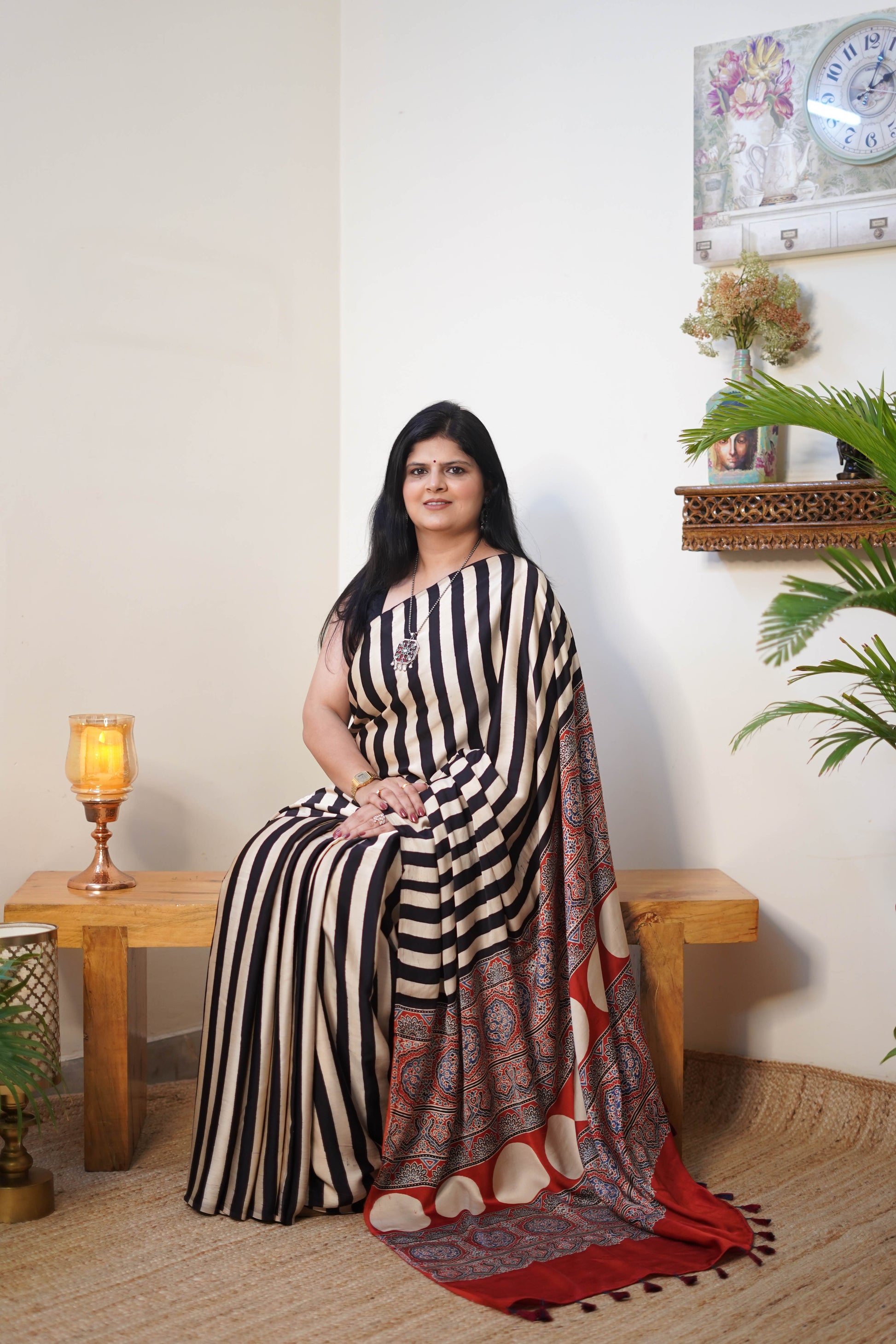 Black with Rust, Beige & Muted Red Printed Motifs