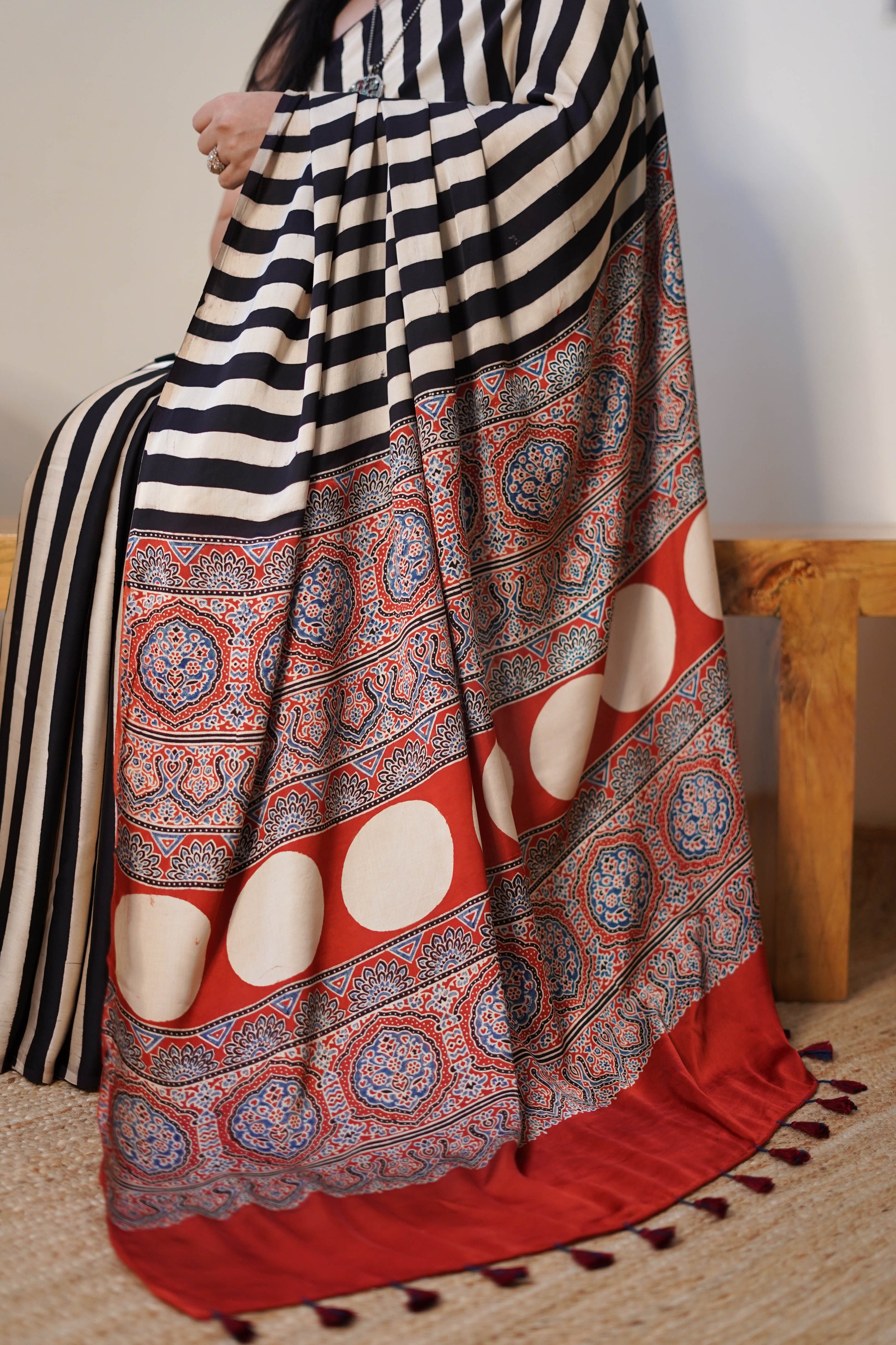 Black with Rust, Beige & Muted Red Printed Motifs