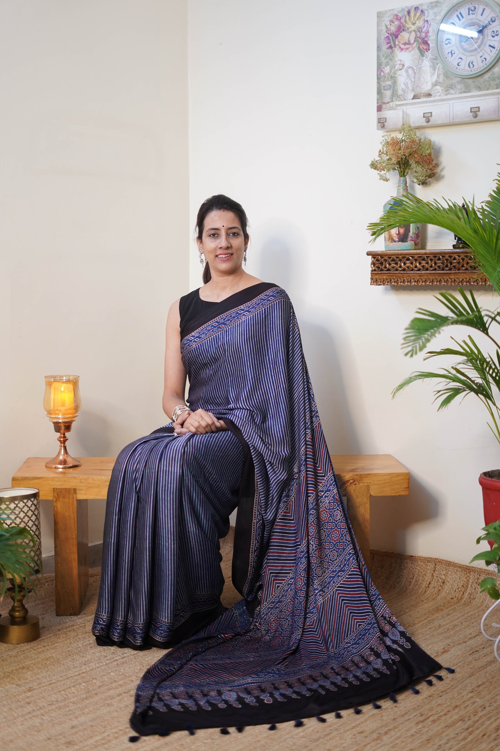 Navy Blue Striped Modal Silk Saree with Printed Border and Tassel Pallu