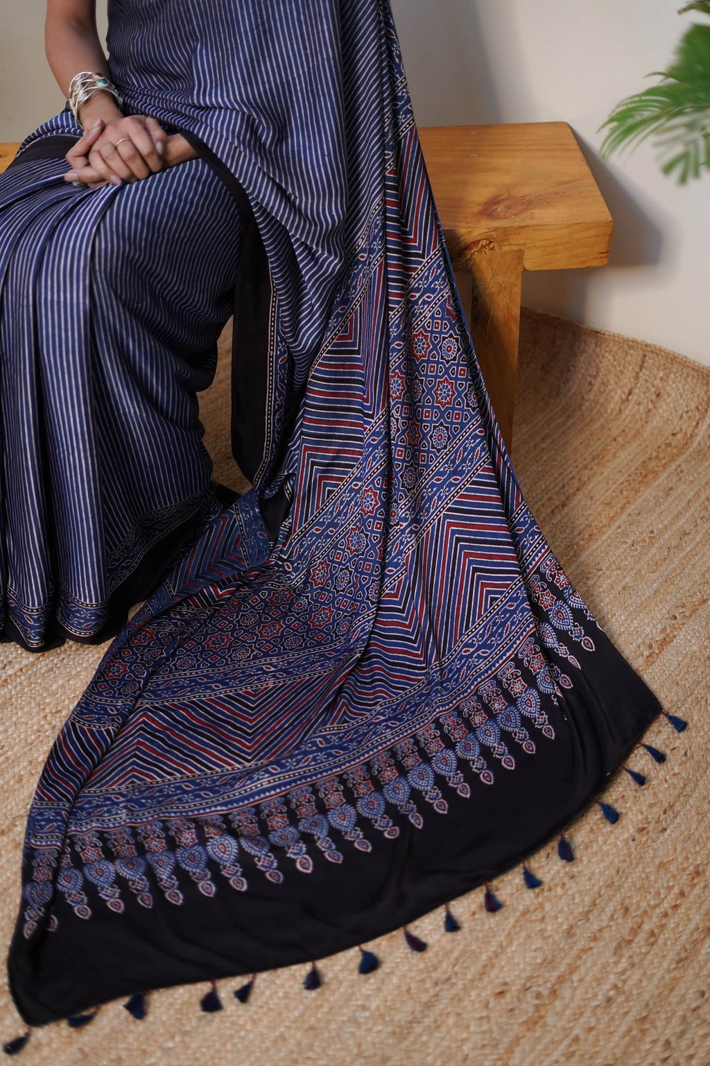 Navy Blue Striped Modal Silk Saree with Printed Border and Tassel Pallu