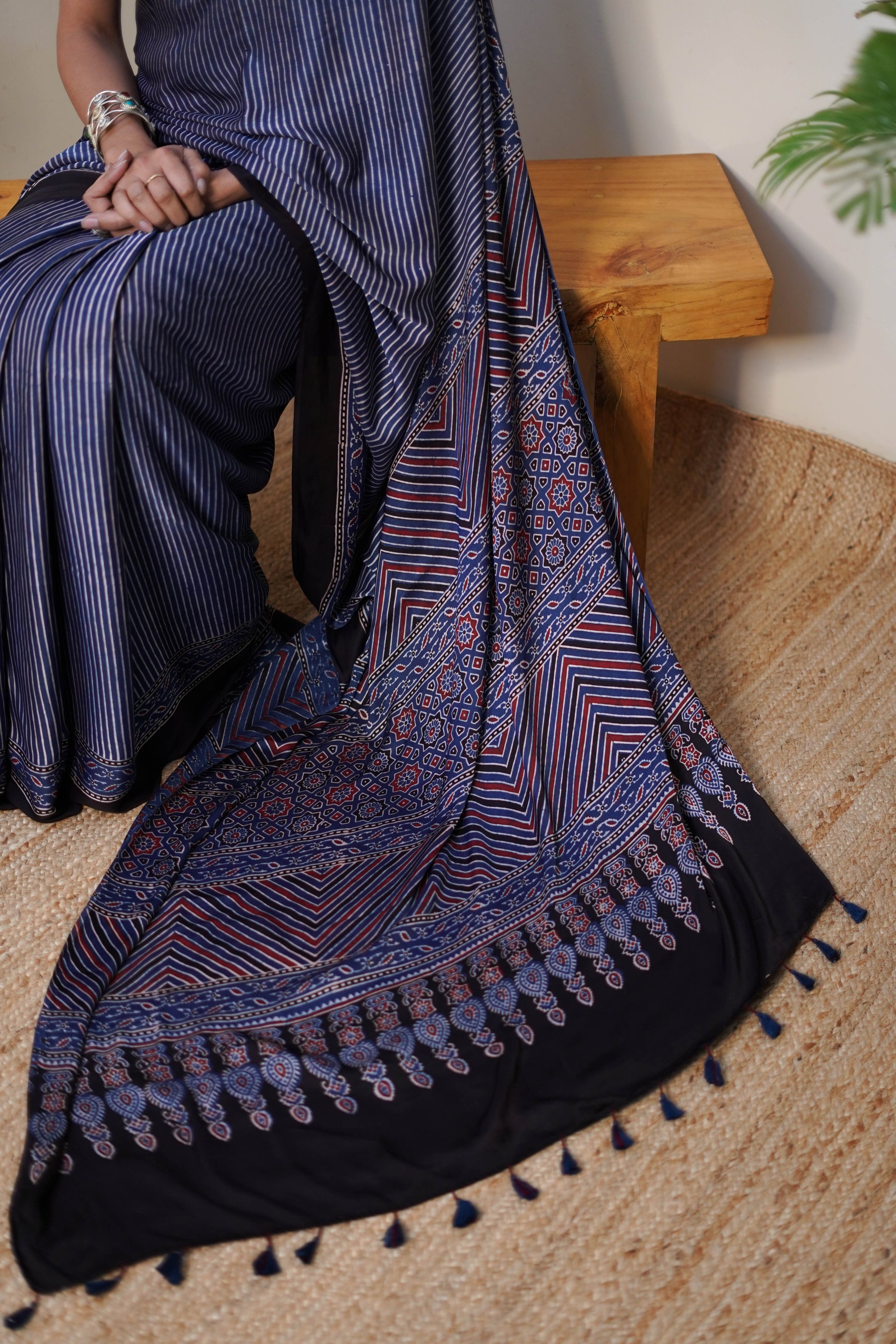 Navy Blue Striped Modal Silk Saree with Printed Border and Tassel Pallu