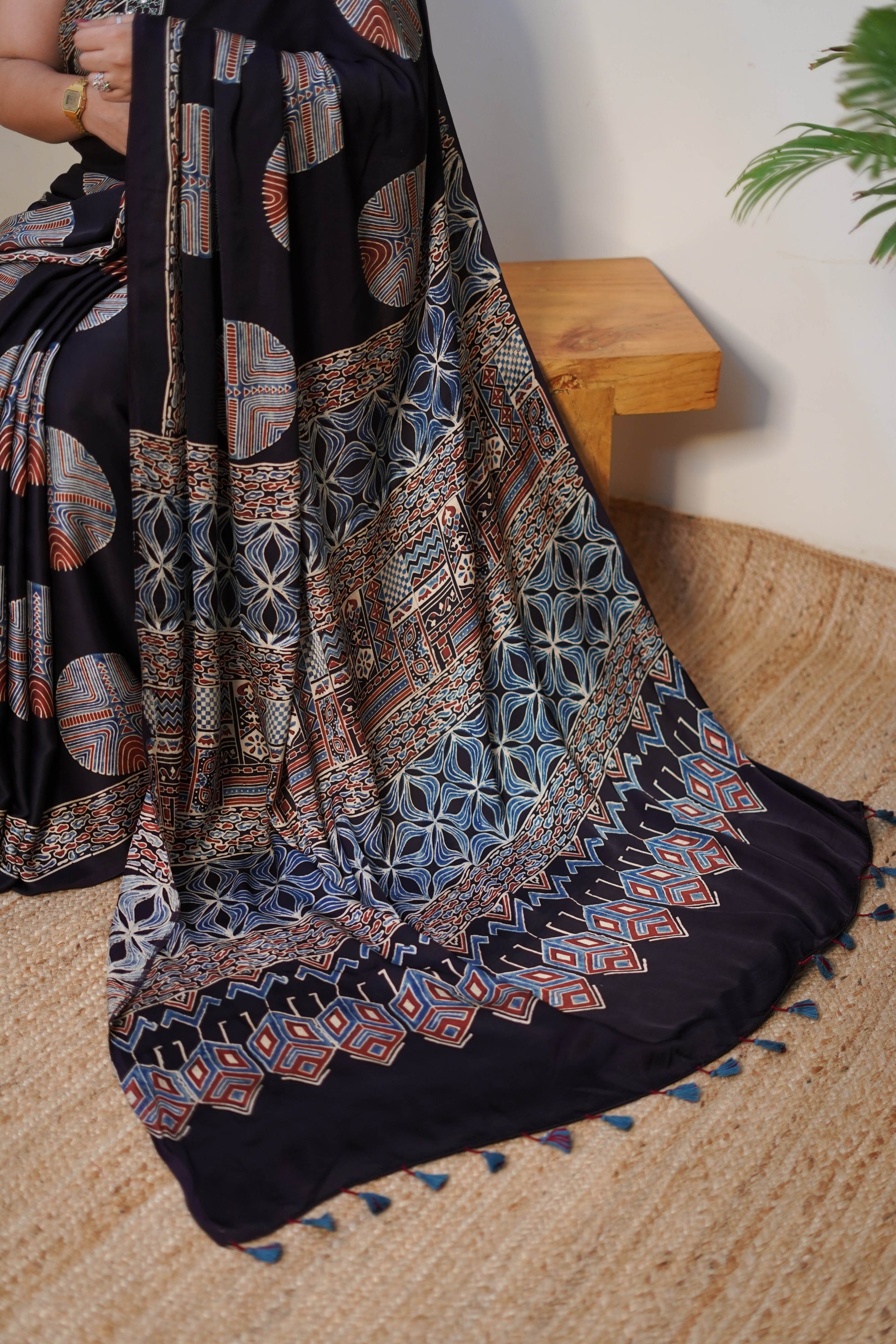 Black Printed Modal Silk Saree with Geometric Motifs and Contrast Pallu