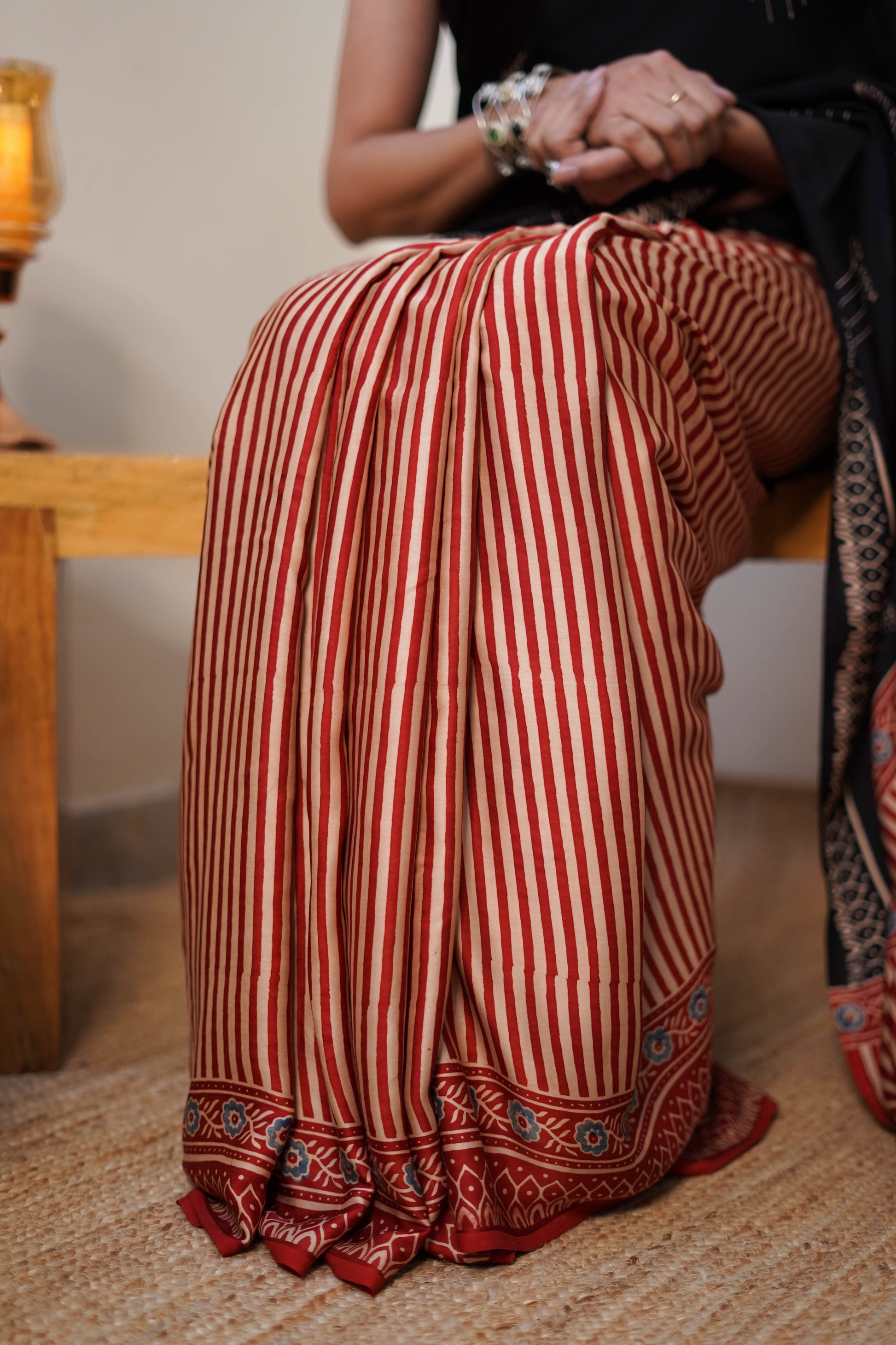 Black & Red Printed Modal Silk Saree with Striped Body and Contrast Pallu