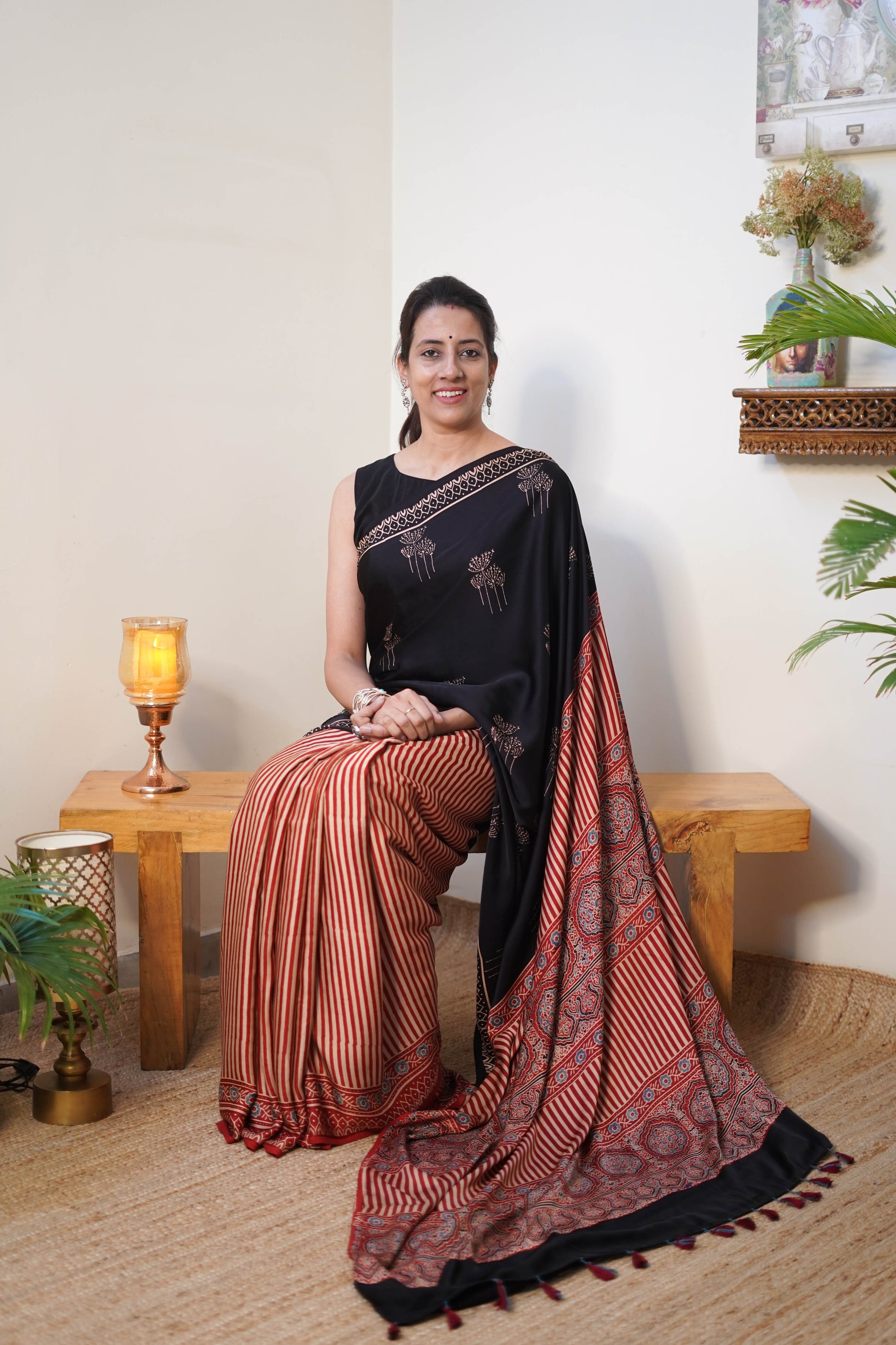 Black & Red Printed Modal Silk Saree with Striped Body and Contrast Pallu