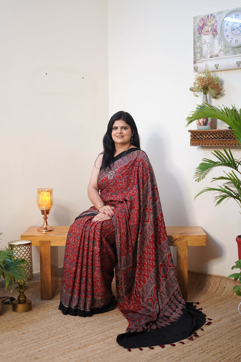 Maroon Printed Modal Silk Saree with Paisley Motifs and Contrast Pallu