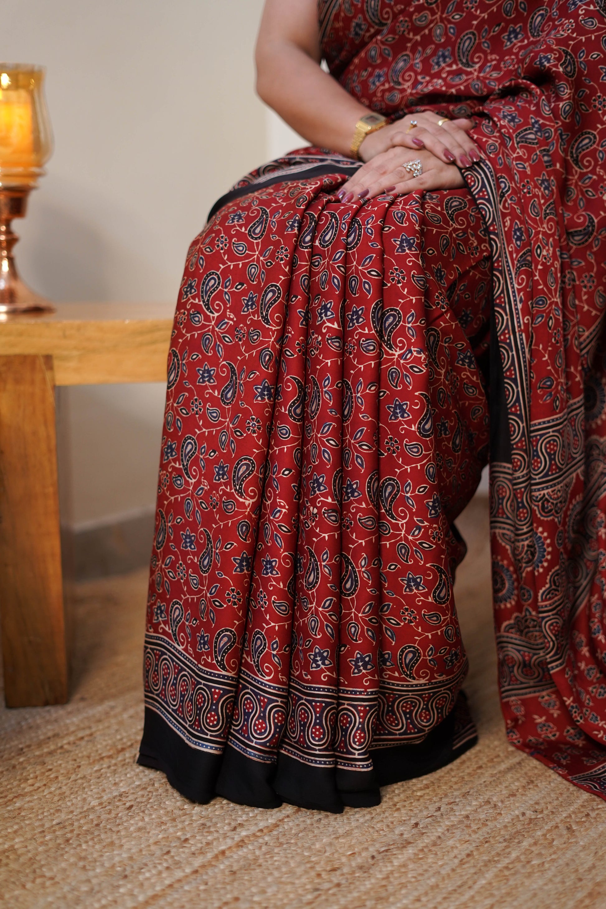 Maroon Printed Modal Silk Saree with Paisley Motifs and Contrast Pallu