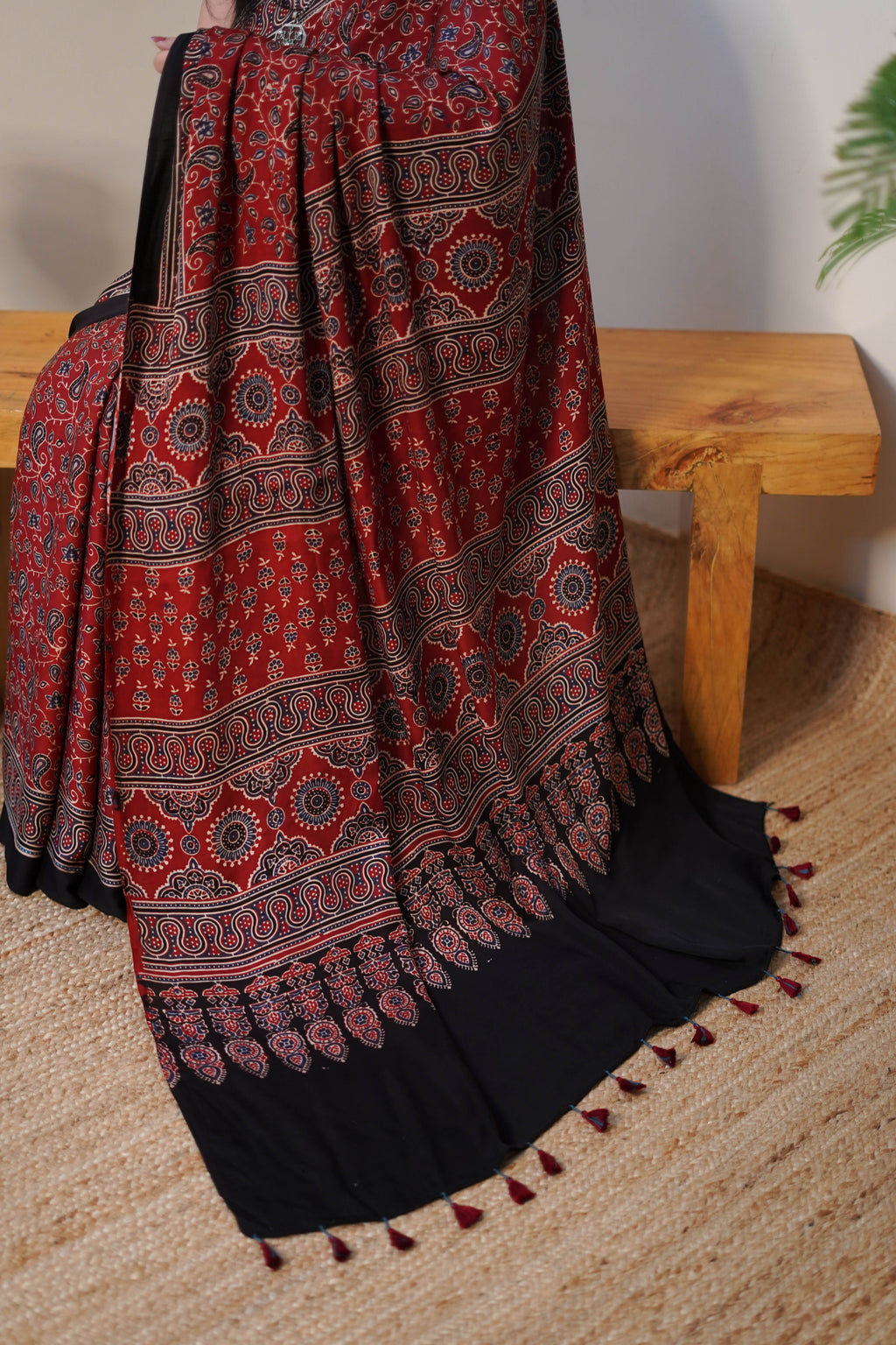 Maroon Printed Modal Silk Saree with Paisley Motifs and Contrast Pallu