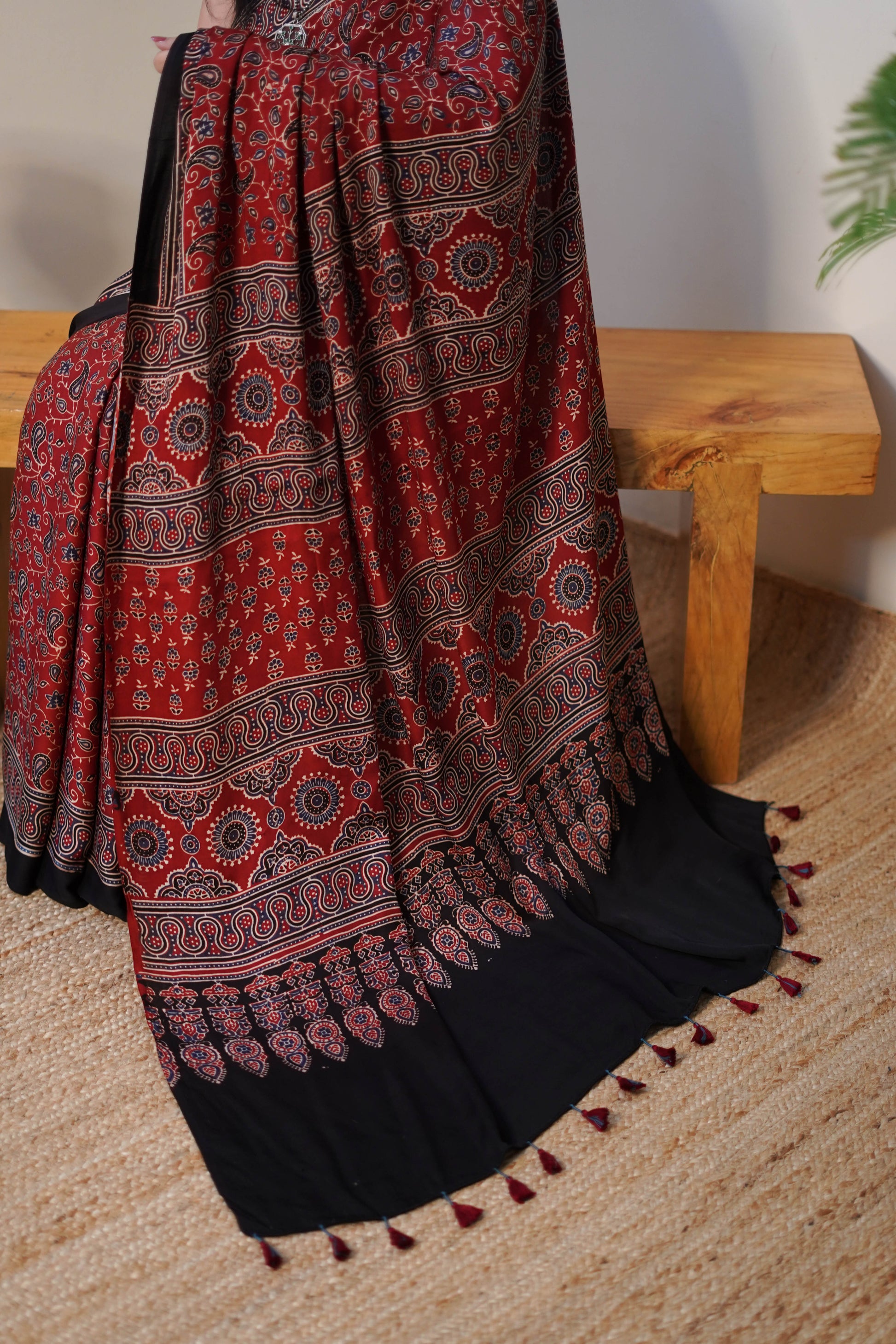 Maroon Printed Modal Silk Saree with Paisley Motifs and Contrast Pallu
