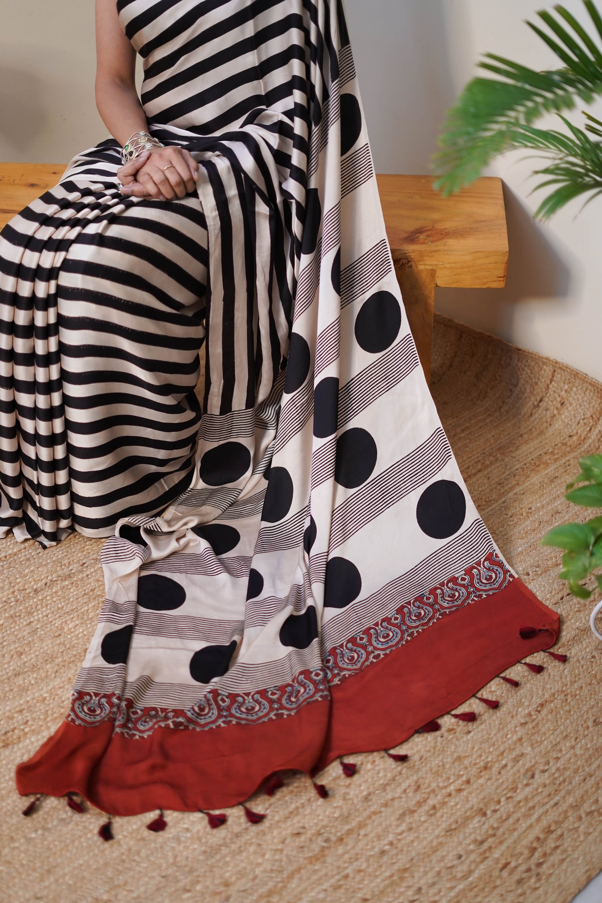 Bold Stripes Ajrakh Saree