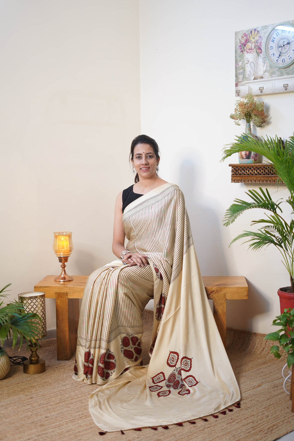 Ivory Striped Modal Saree