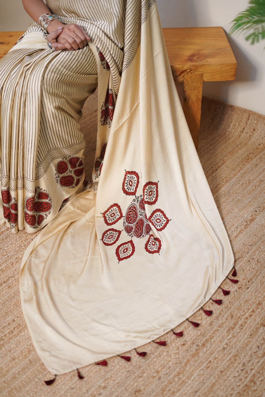 Ivory Striped Modal Saree