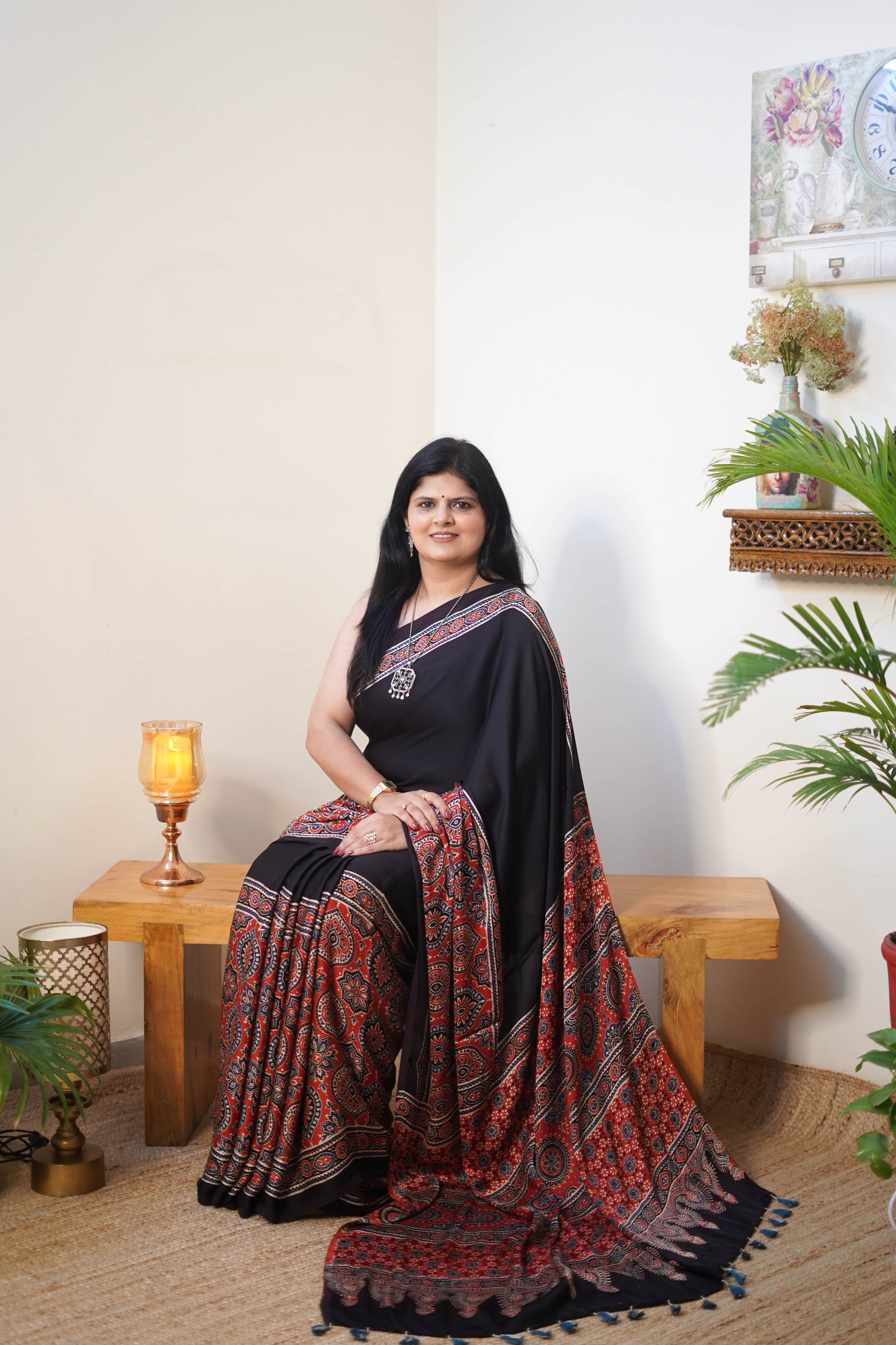Black & Rust Printed Modal Saree