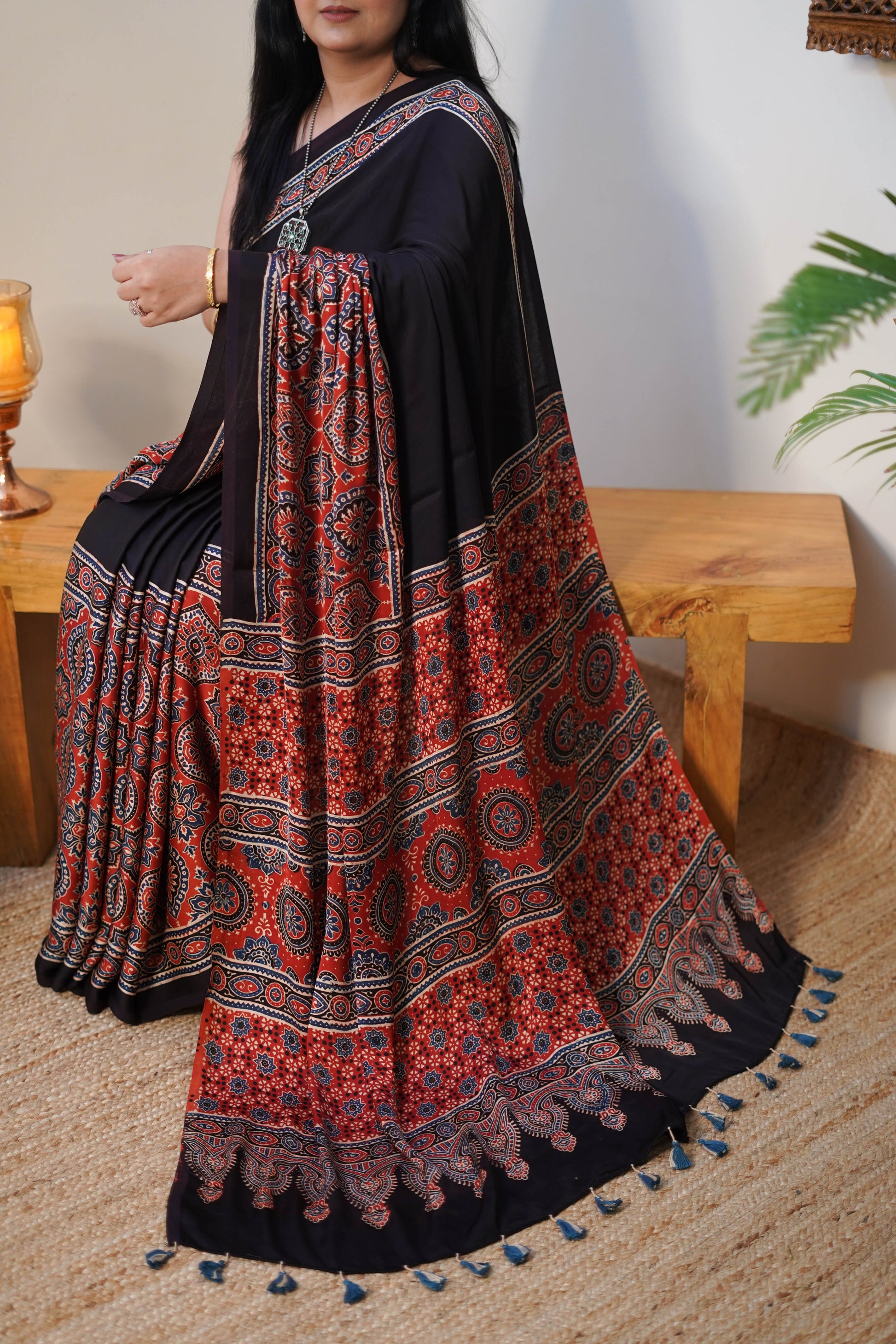 Black & Rust Printed Modal Saree