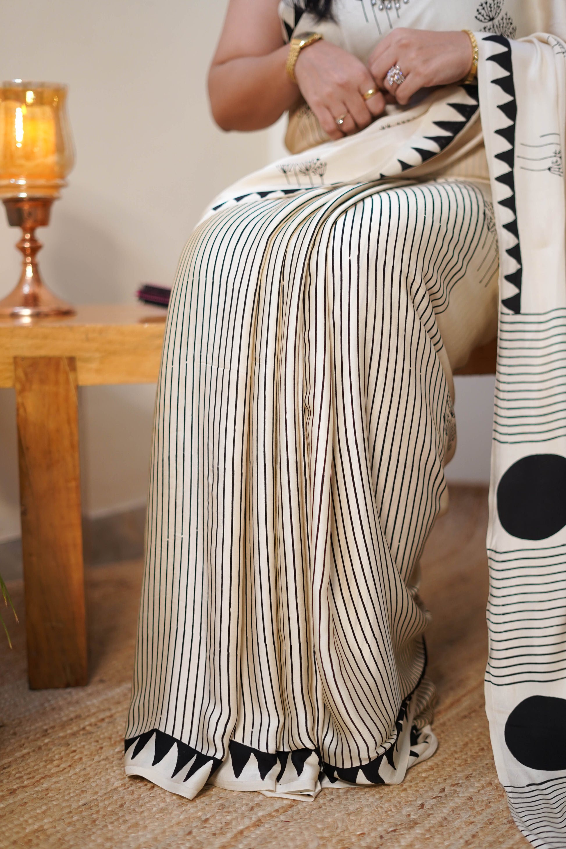 Ivory Polka & Stripe Modal Saree