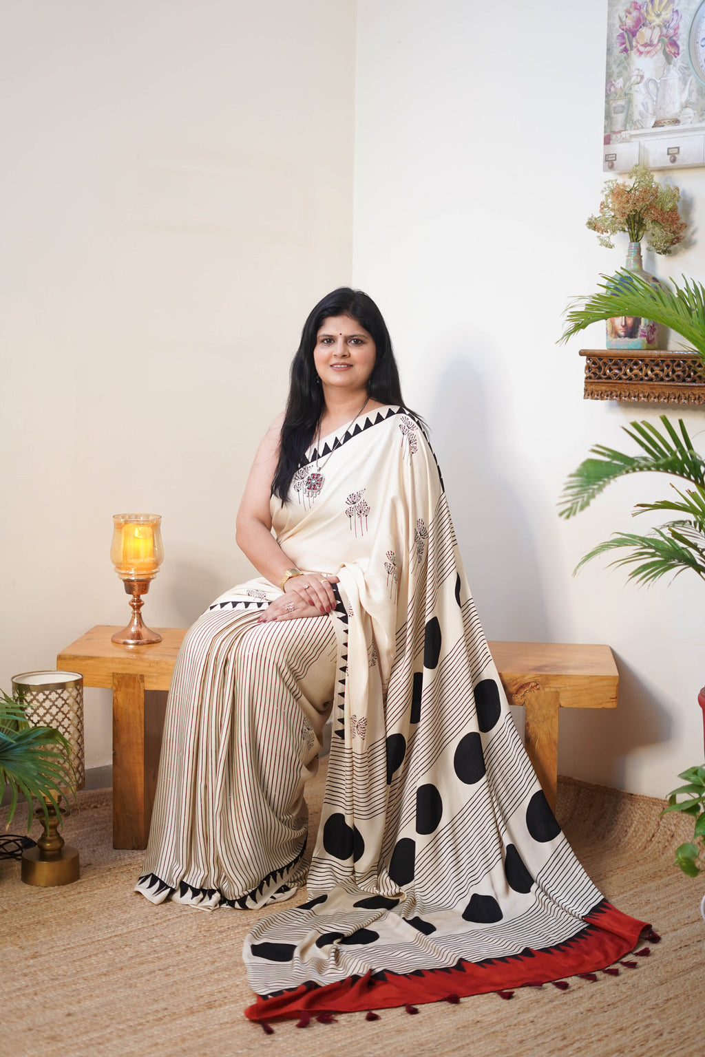 Ivory Polka & Stripe Modal Saree