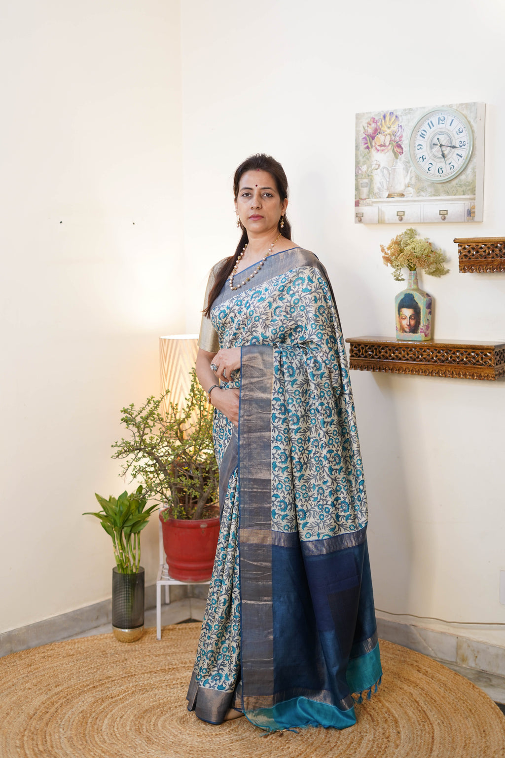 Elegant Kosa Silk Saree with Blue Floral Design