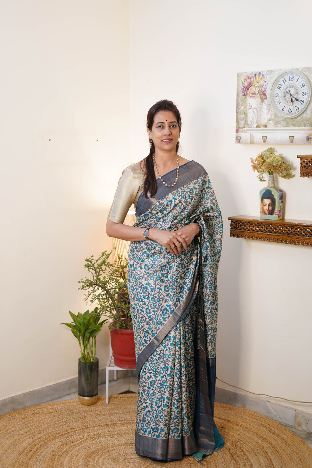Elegant Kosa Silk Saree with Blue Floral Design