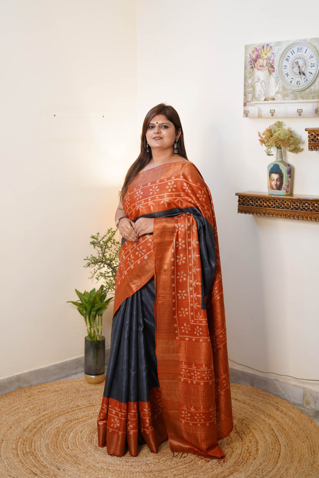 Elegant Kosa Silk Saree with Orange and Black Floral Design