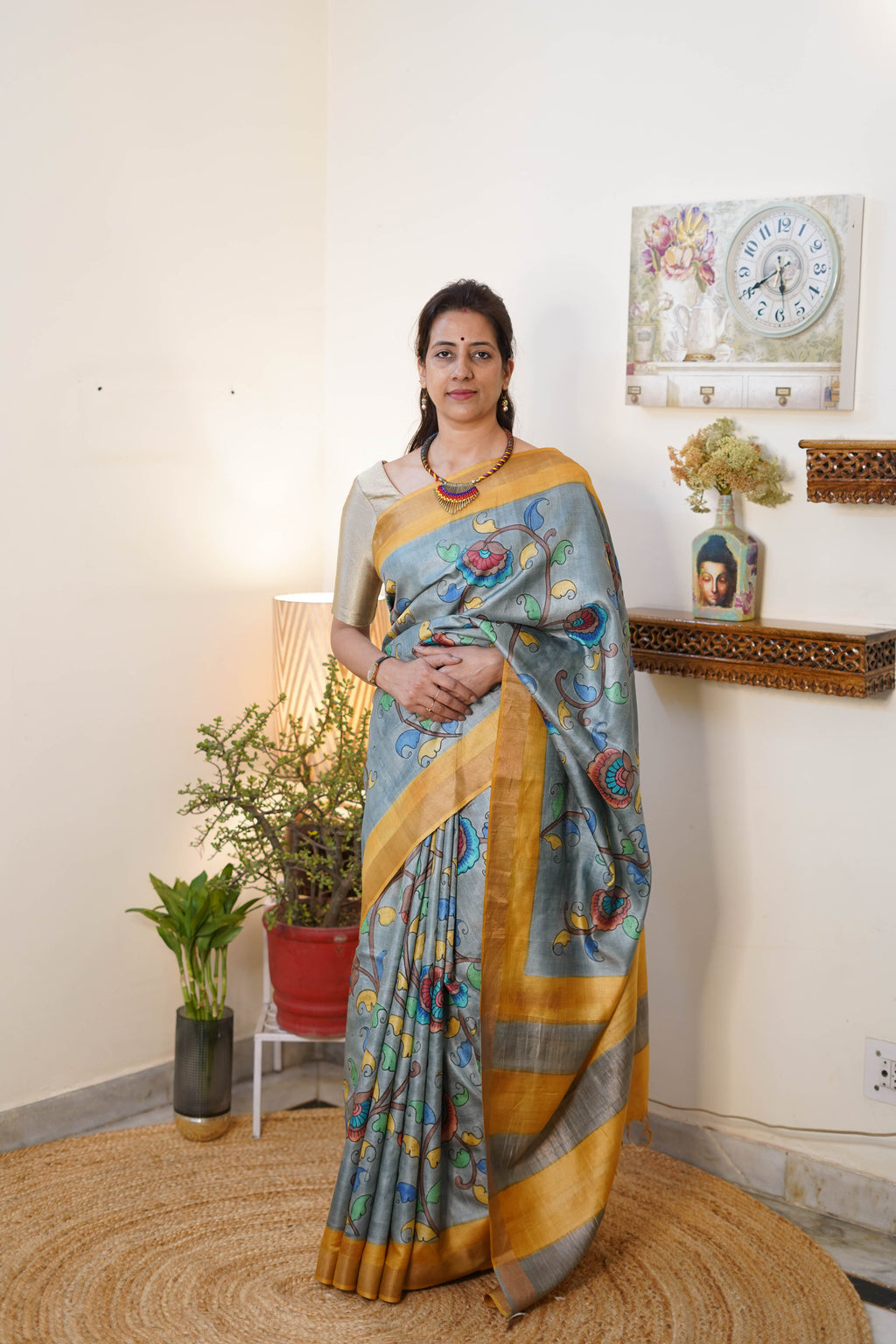 Hand Painted Kosa Silk Saree in Blue and Gold