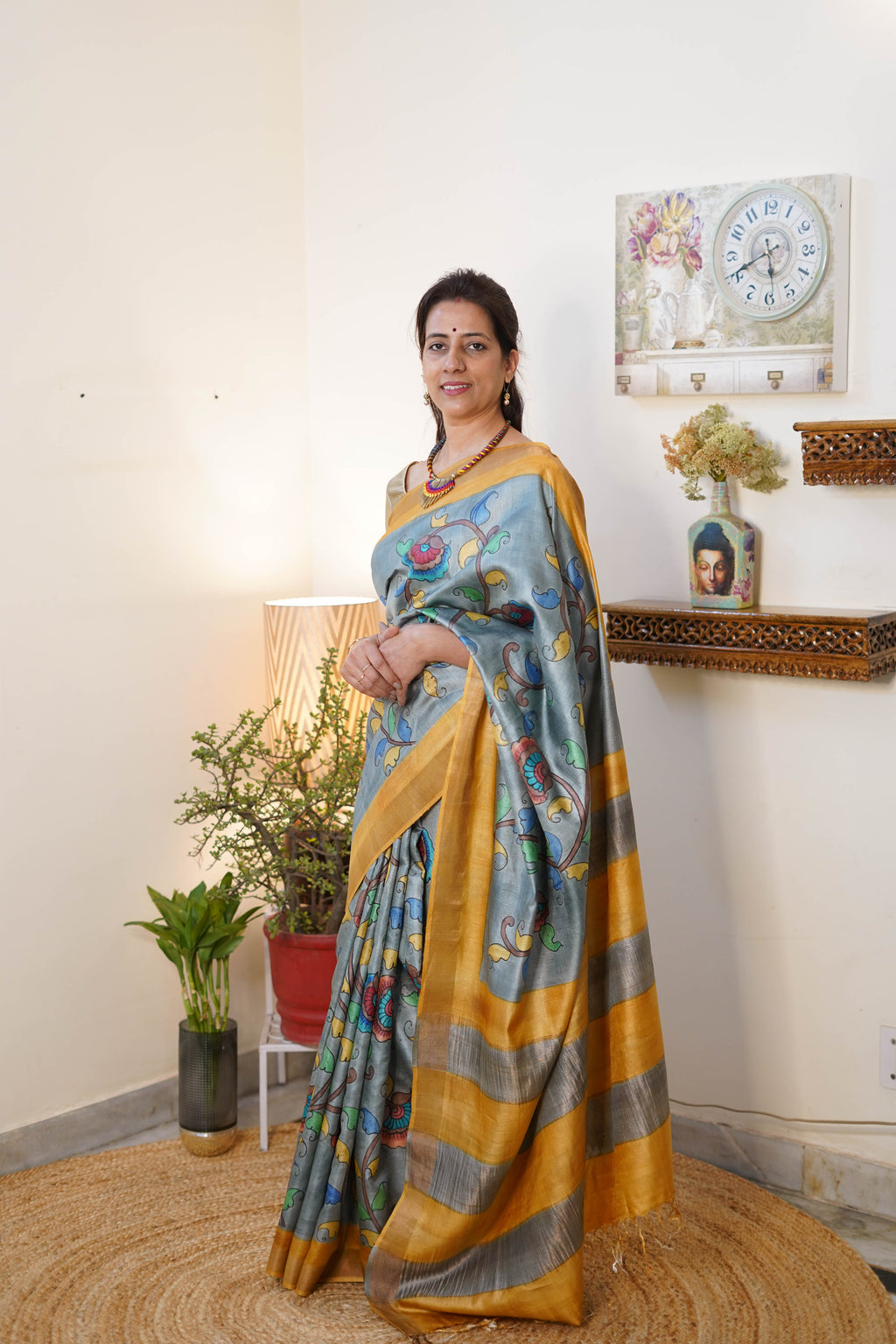 Hand Painted Kosa Silk Saree in Blue and Gold