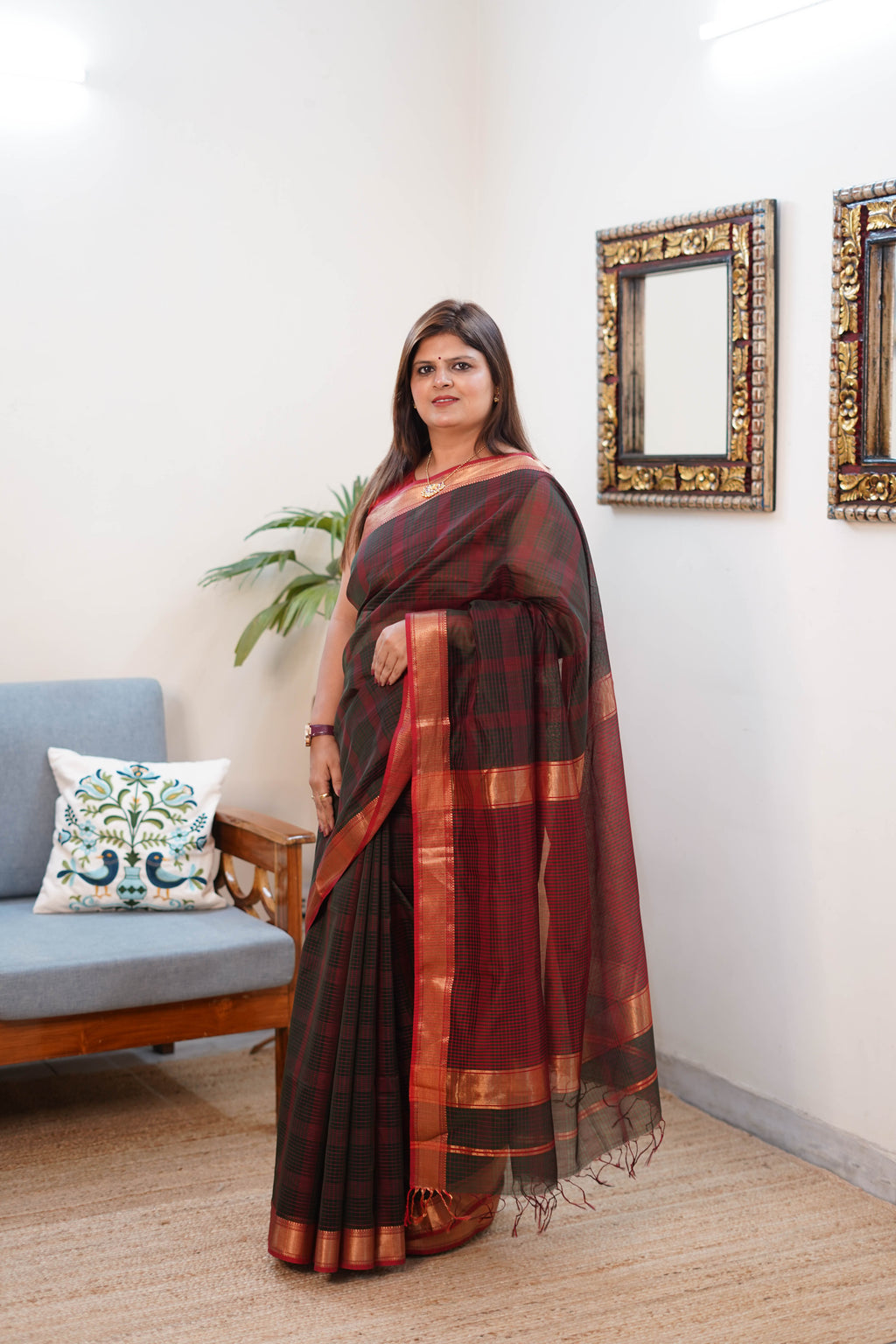 Maheshwari Silk Saree in Red and Black with Golden Border