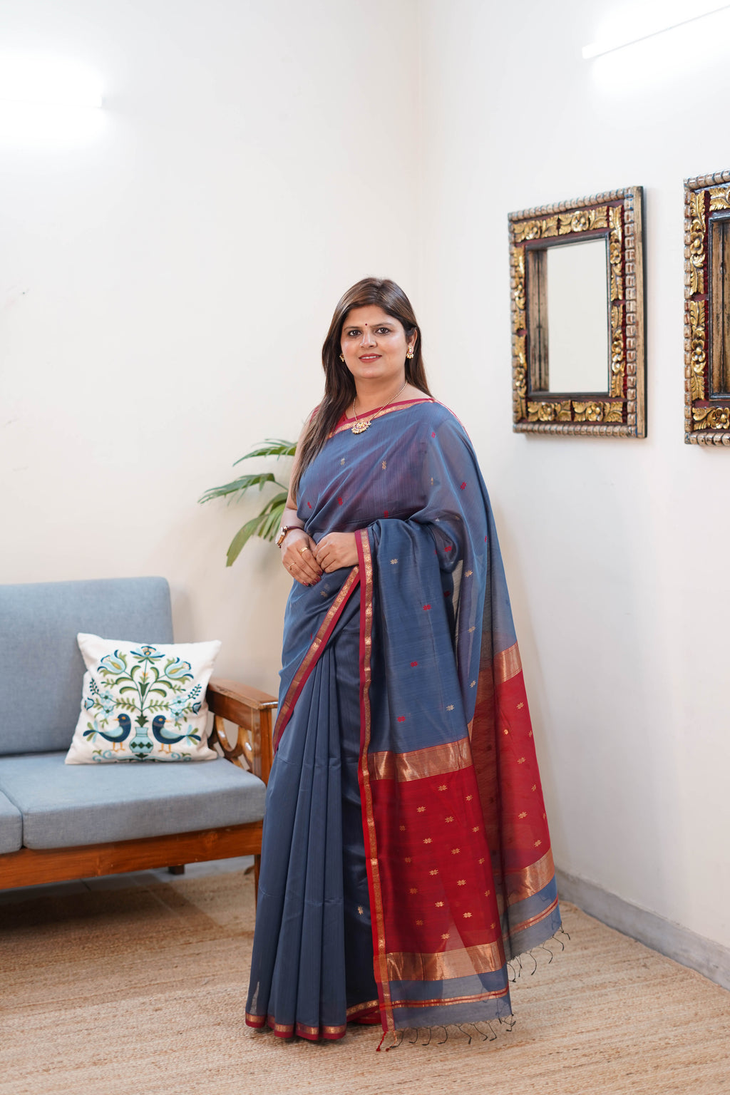 Maheshwari Silk Saree in Blue with Red and Gold Border