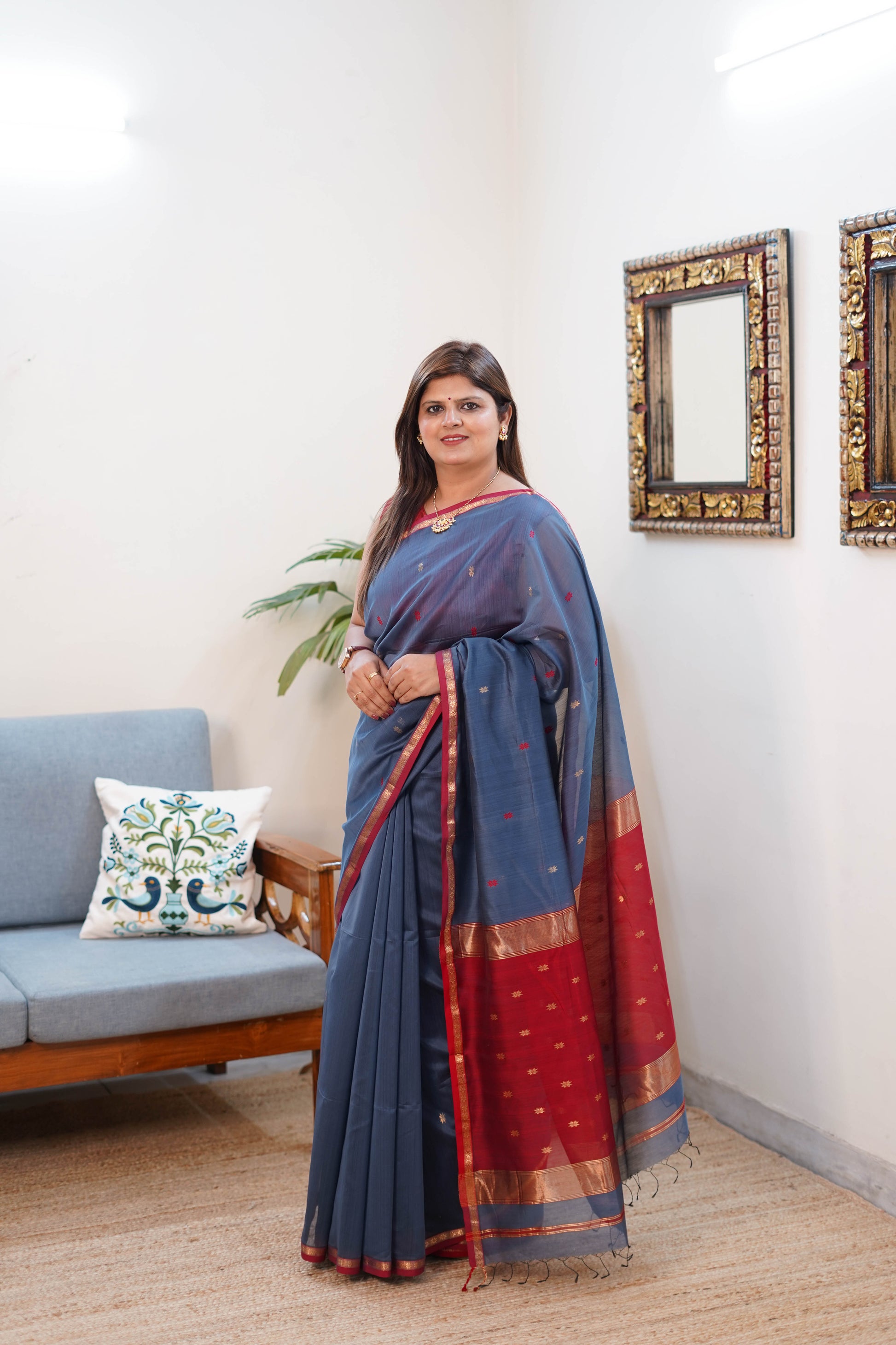Maheshwari Silk Saree in Blue with Red and Gold Border