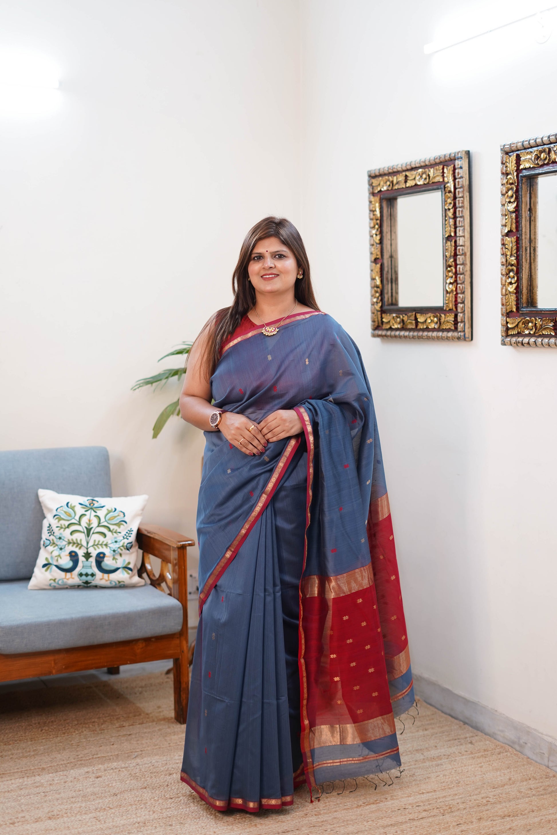 Maheshwari Silk Saree in Blue with Red and Gold Border