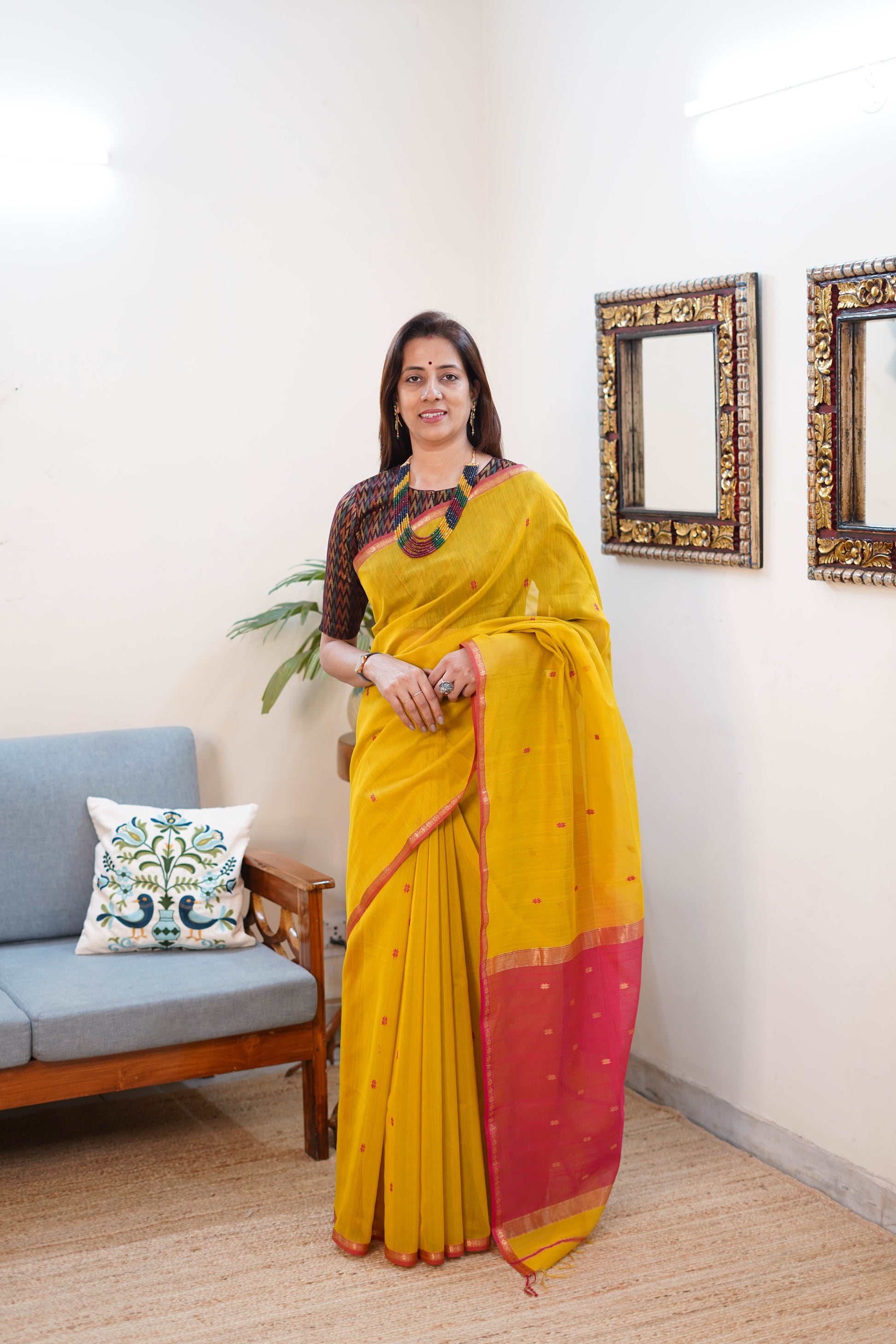 Maheshwari Silk Saree in Yellow with Pink and Gold Border