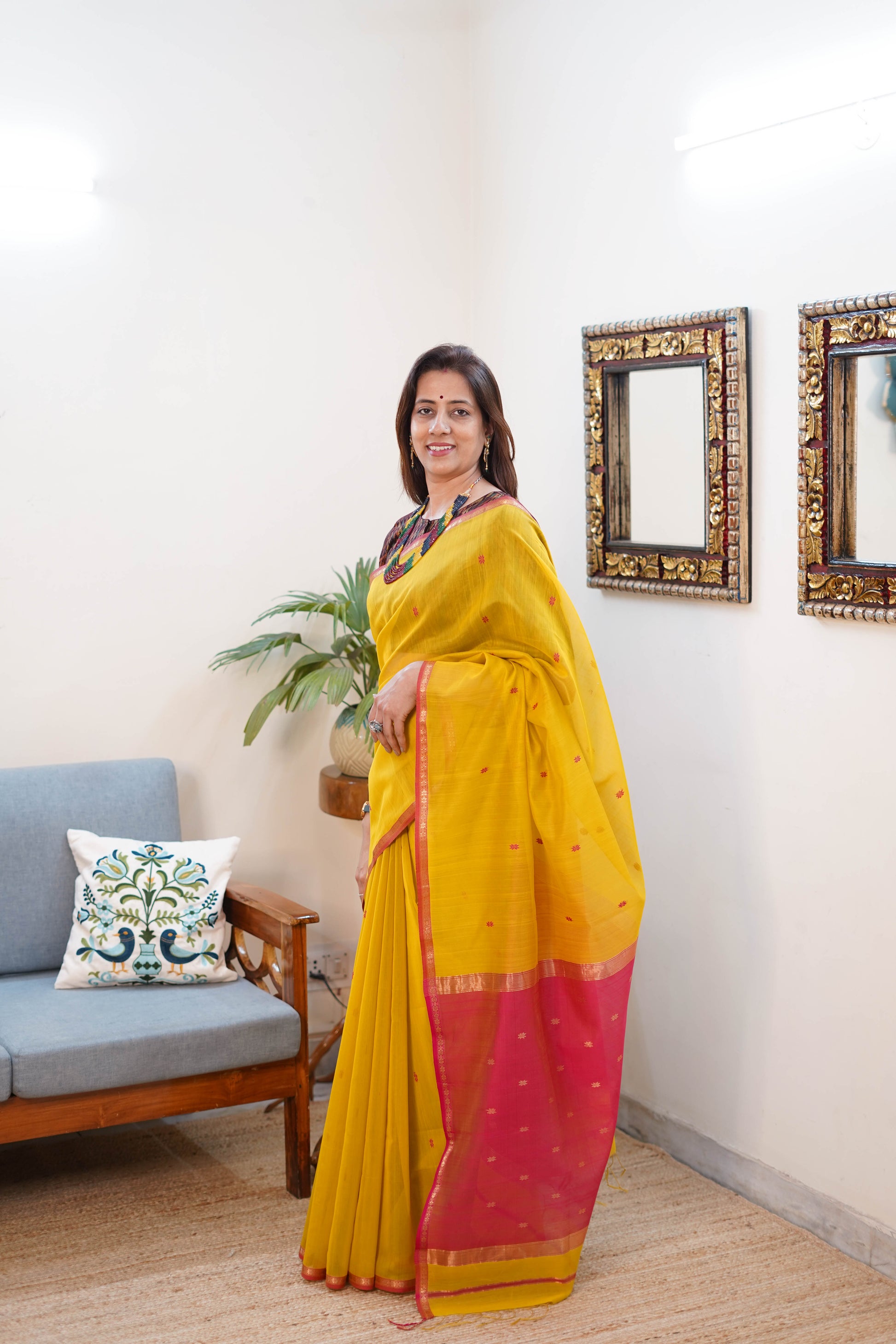 Maheshwari Silk Saree in Yellow with Pink and Gold Border