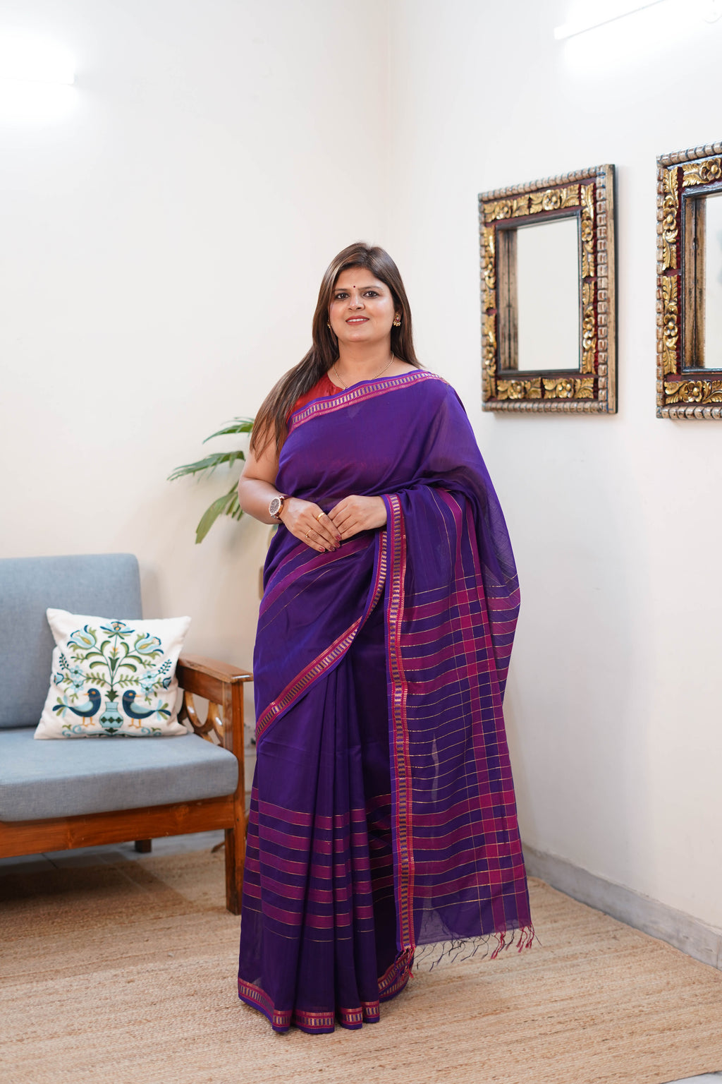 Maheshwari Silk Saree in Purple with Pink and Gold Border