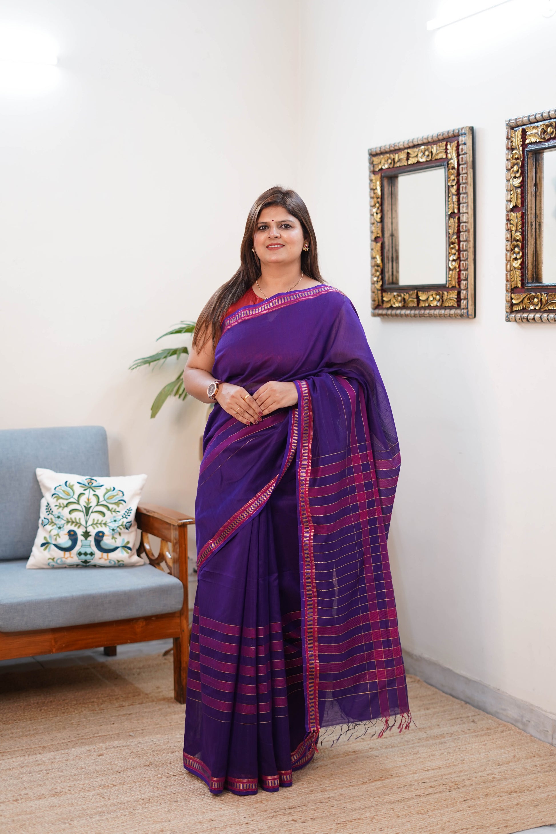 Maheshwari Silk Saree in Purple with Pink and Gold Border