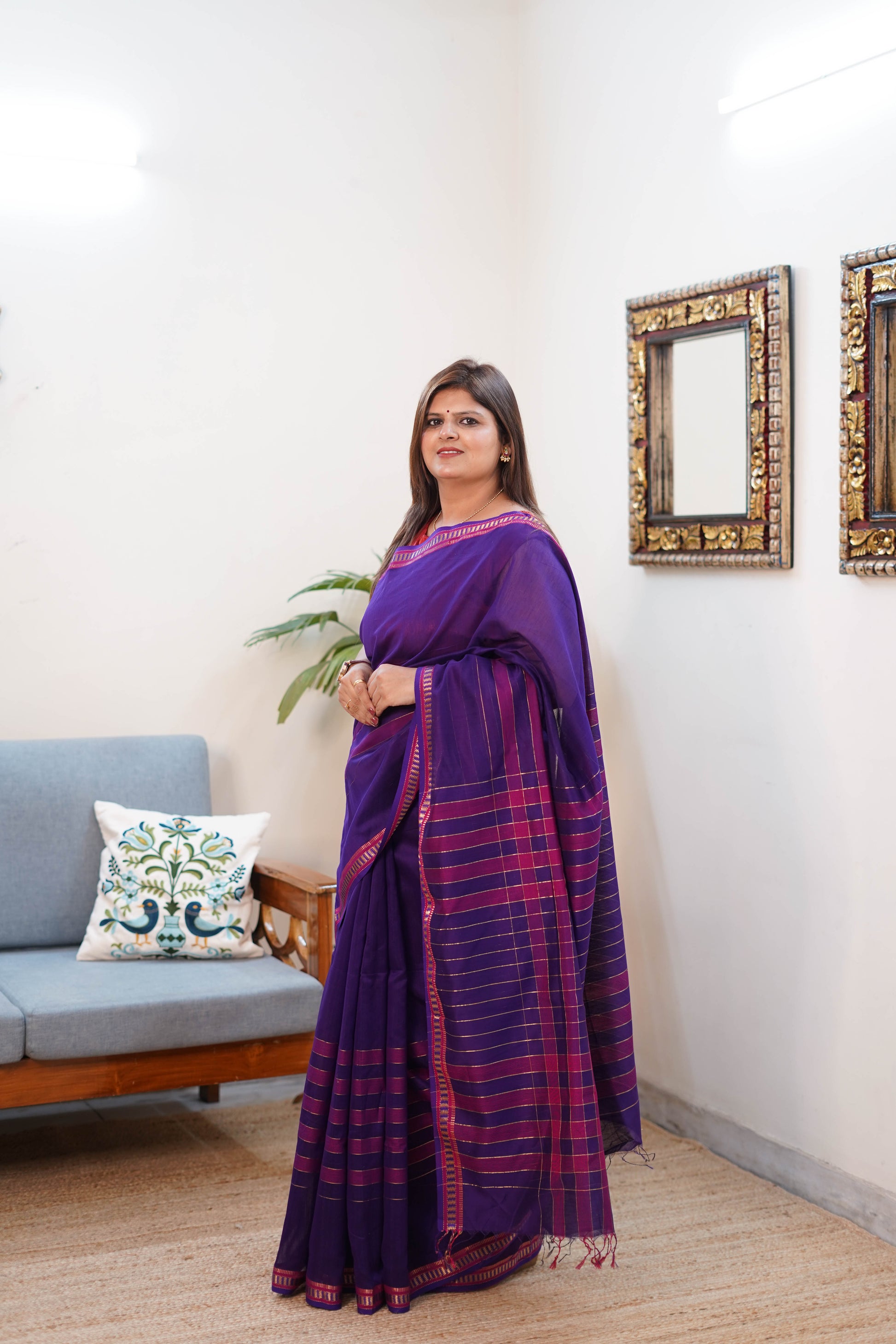 Maheshwari Silk Saree in Purple with Pink and Gold Border
