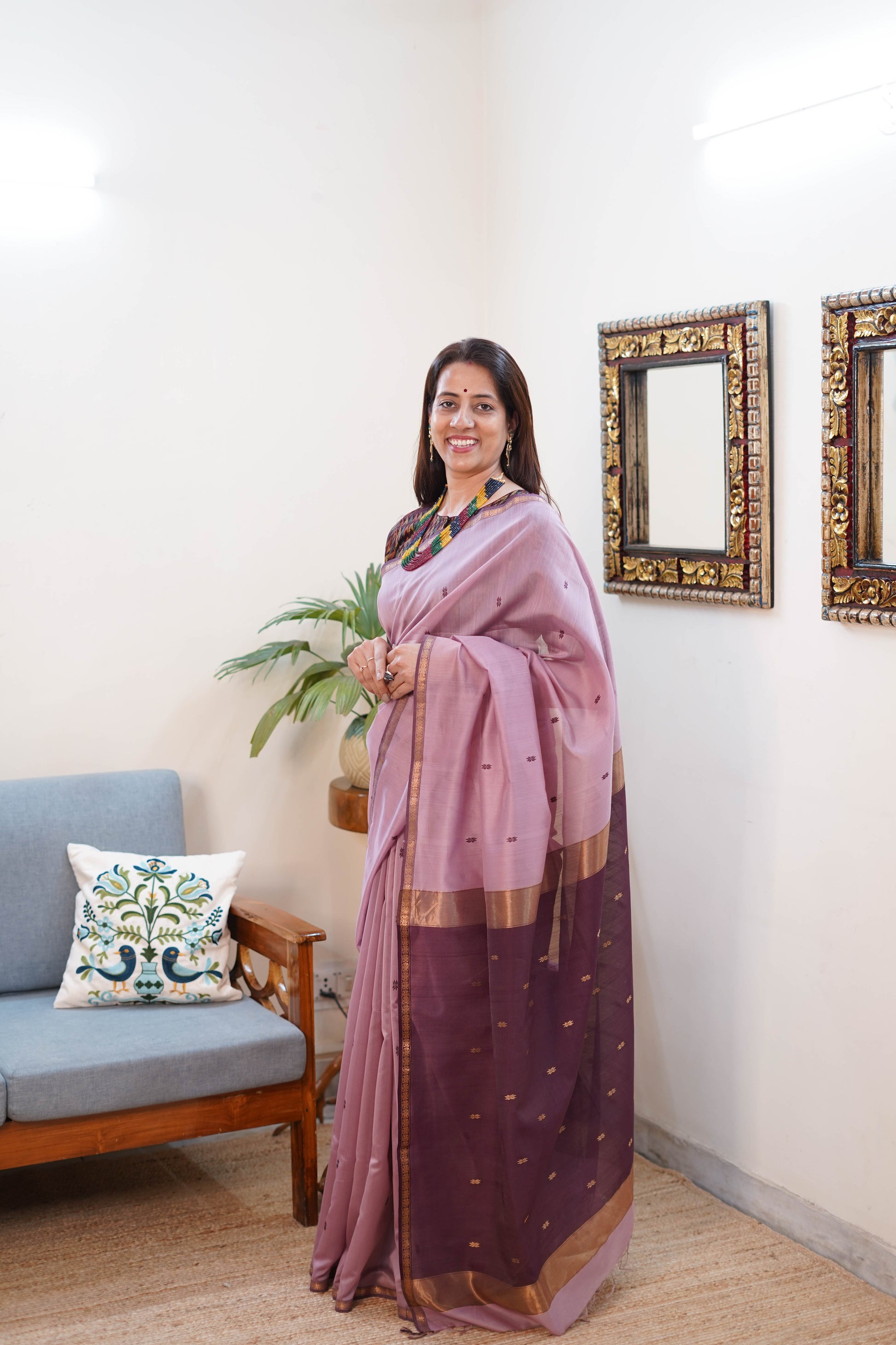 Maheshwari Silk Saree in Pink and Purple with Gold Border