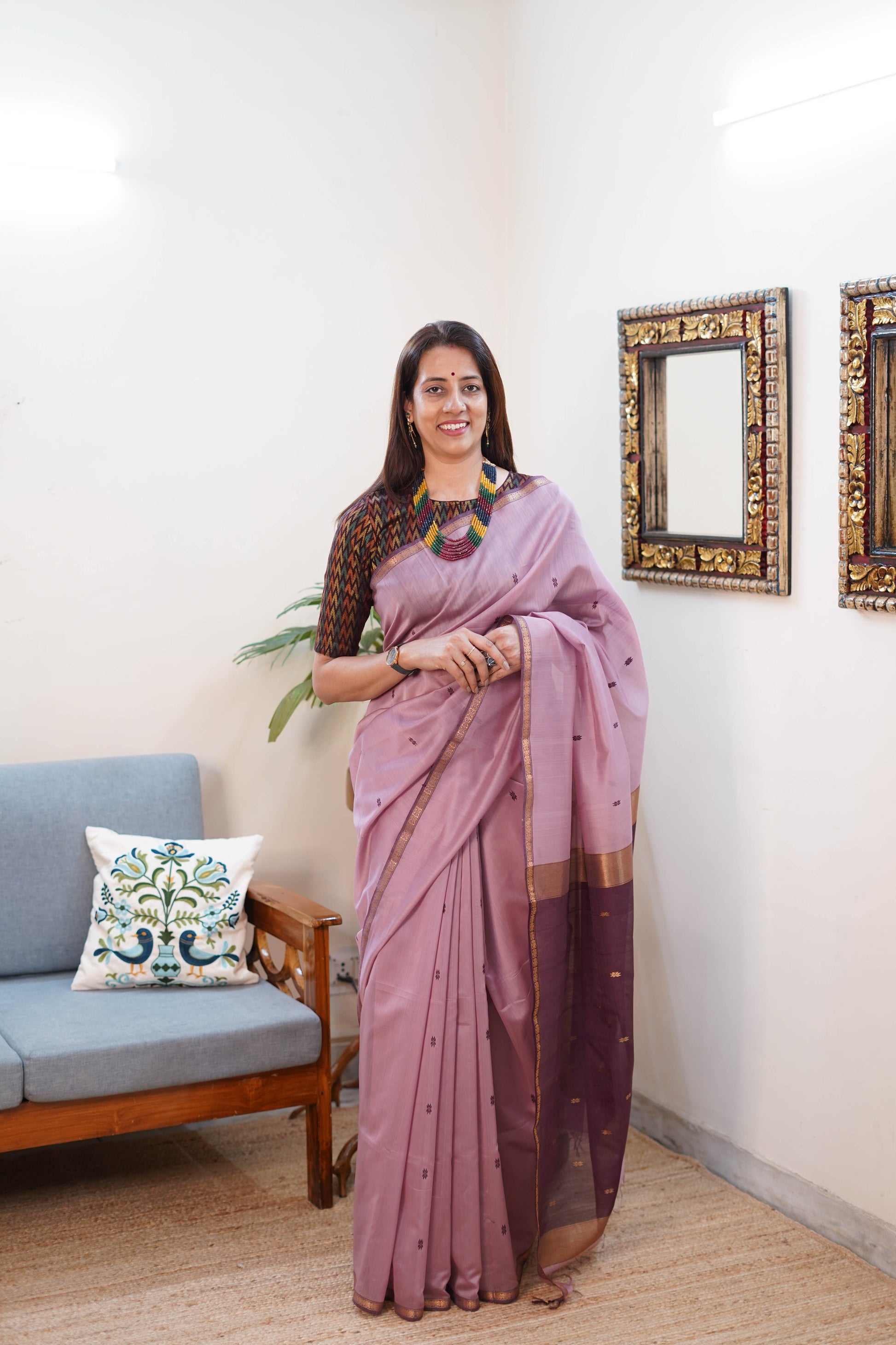 Maheshwari Silk Saree in Pink and Purple with Gold Border