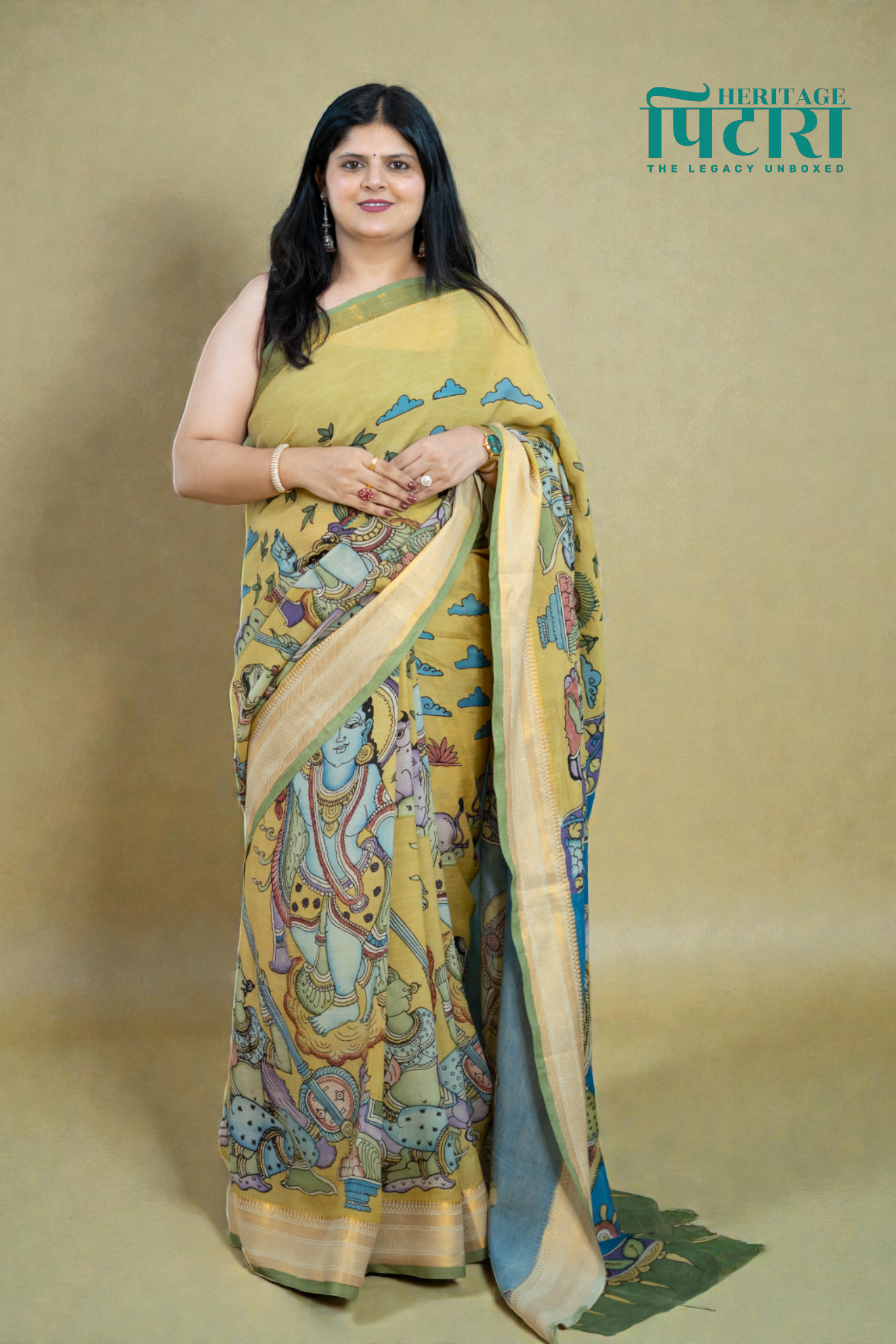 Mustard & Blue Kalamkari Magalgiri Saree – Royal Procession Artwork