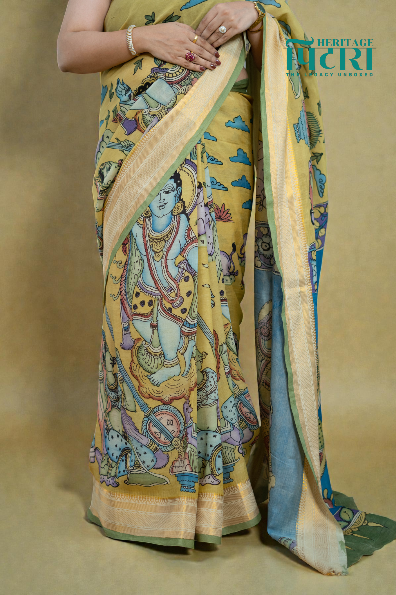 Mustard & Blue Kalamkari Magalgiri Saree – Royal Procession Artwork