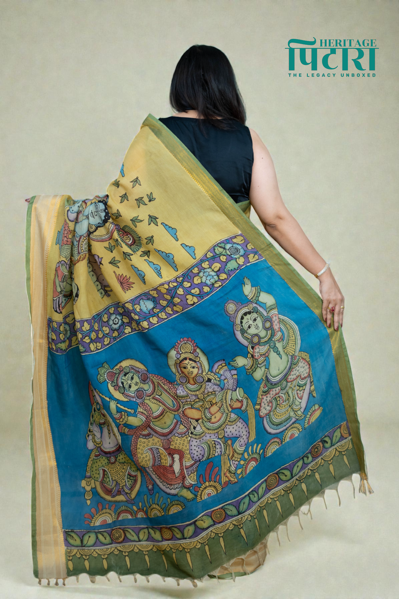 Mustard & Blue Kalamkari Magalgiri Saree – Royal Procession Artwork