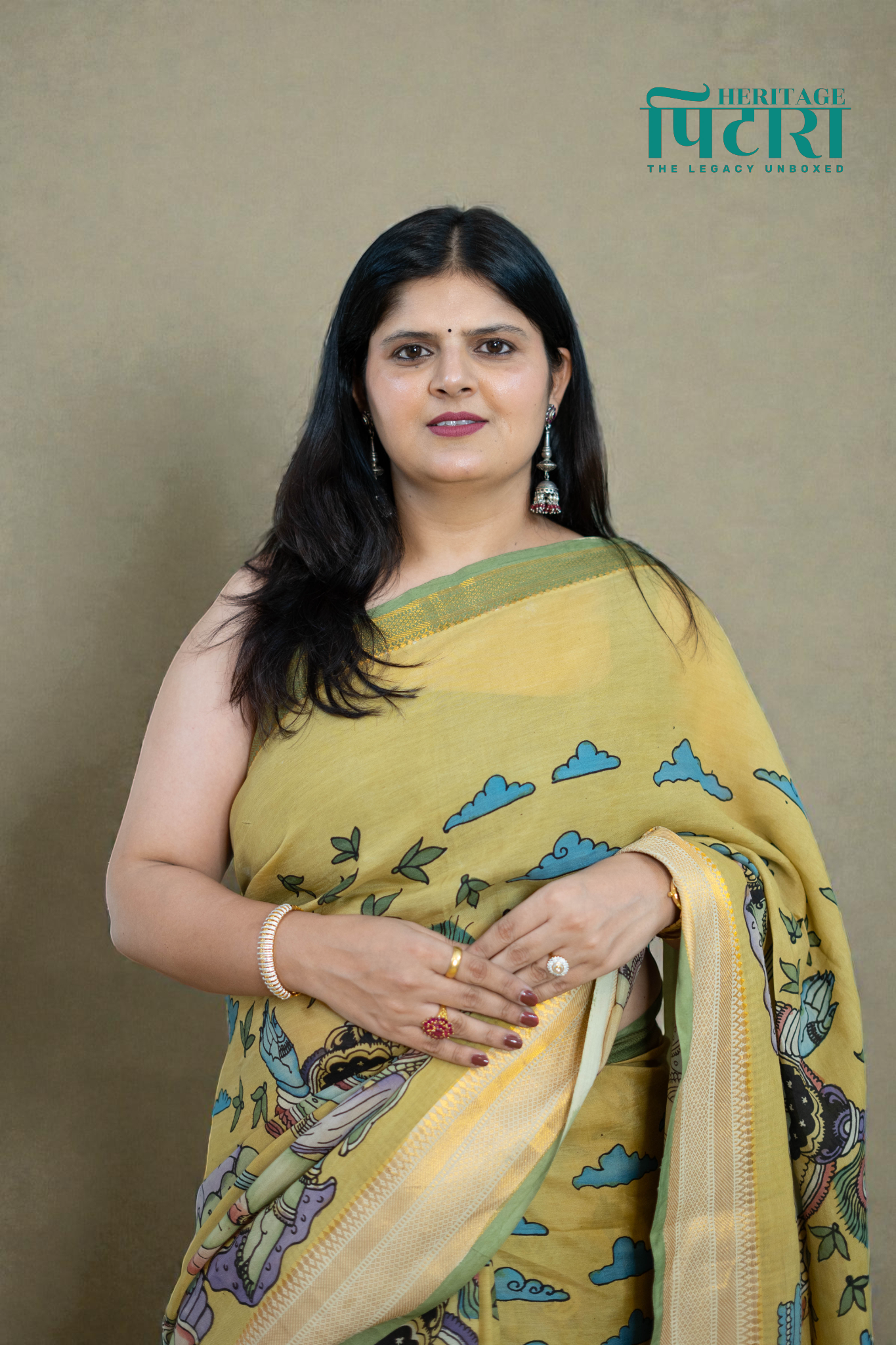 Mustard & Blue Kalamkari Magalgiri Saree – Royal Procession Artwork