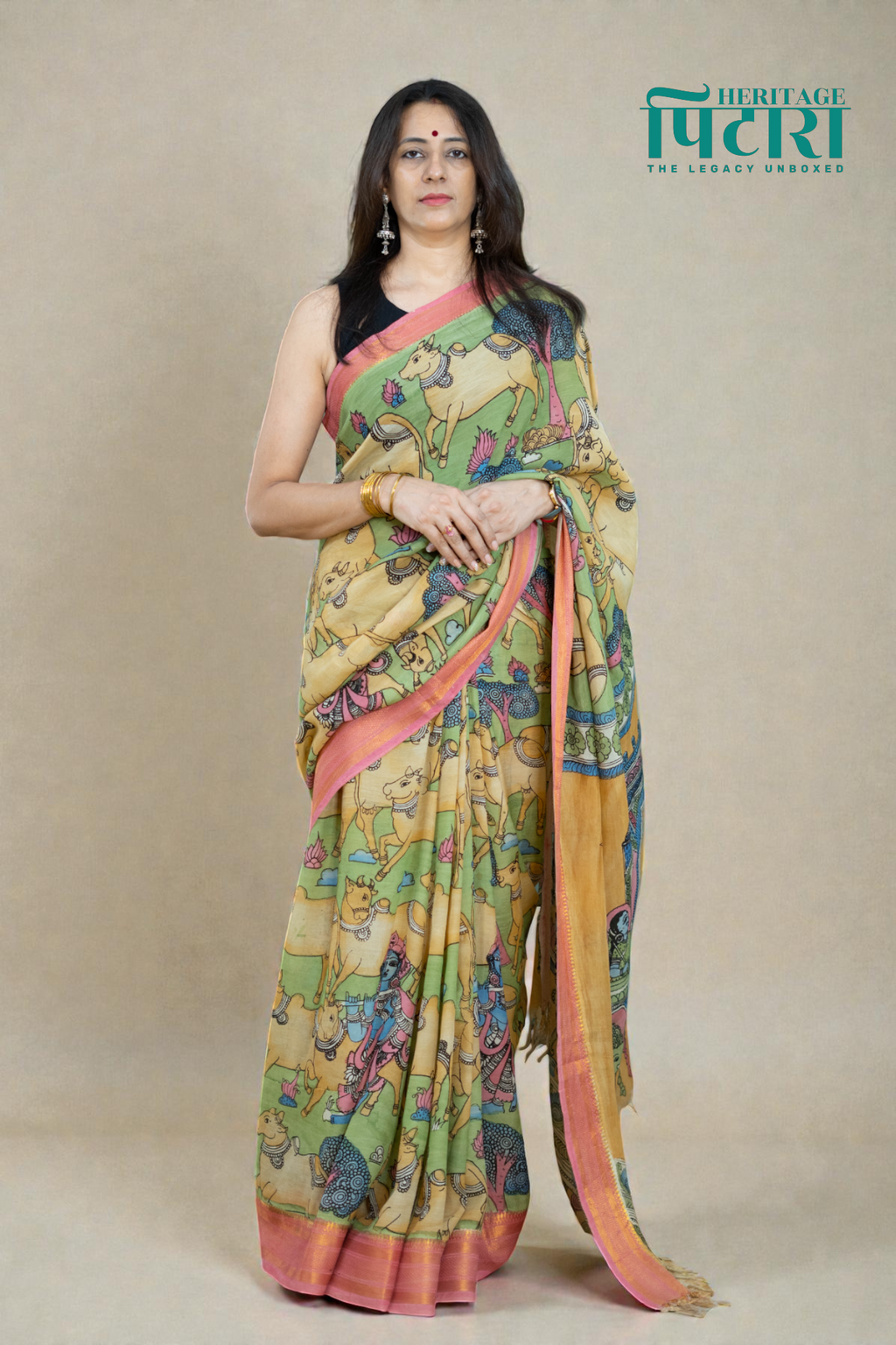 Hand-Painted Kalamkari Saree with Pastel Green & Pink Accents